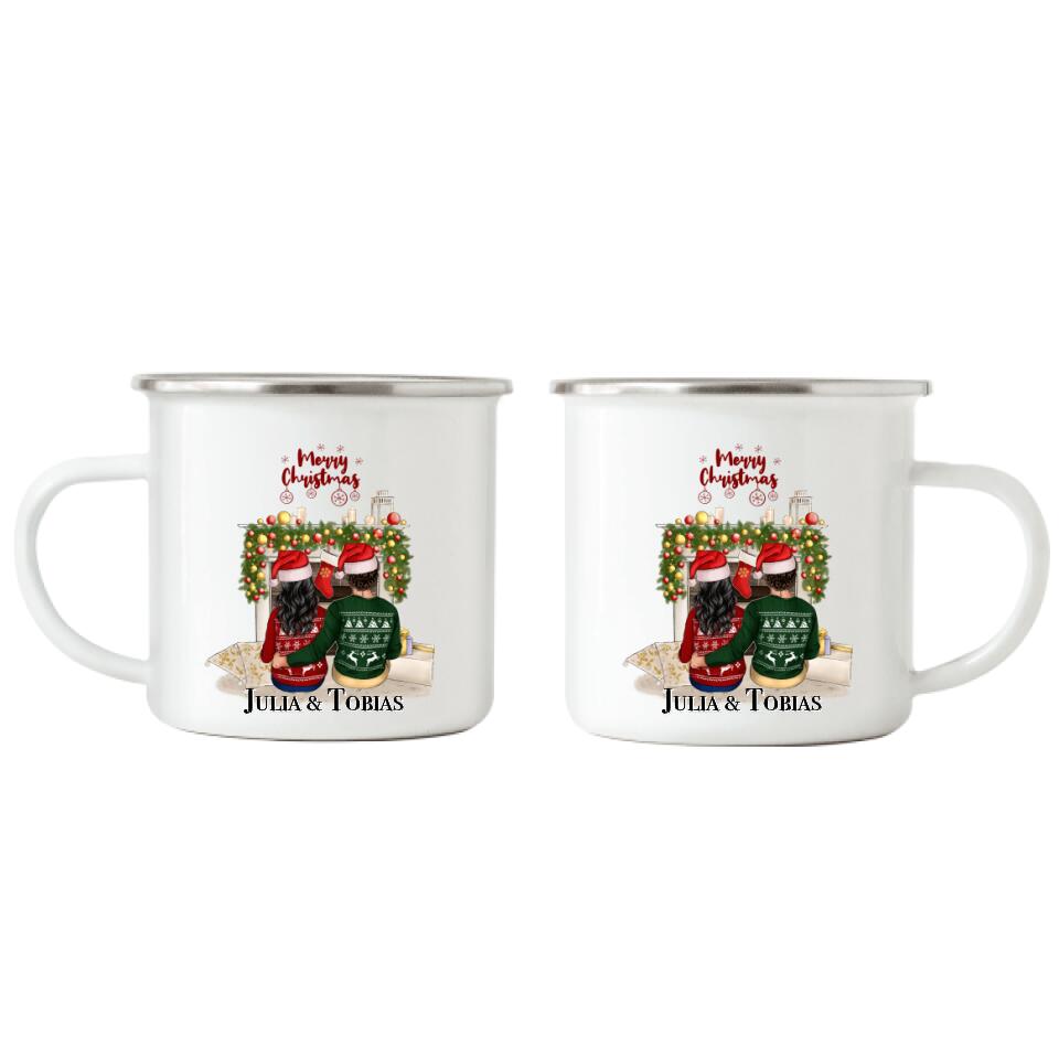 Pärchen Emaille-Tasse Weihnachten - Kaminfeuer - F14