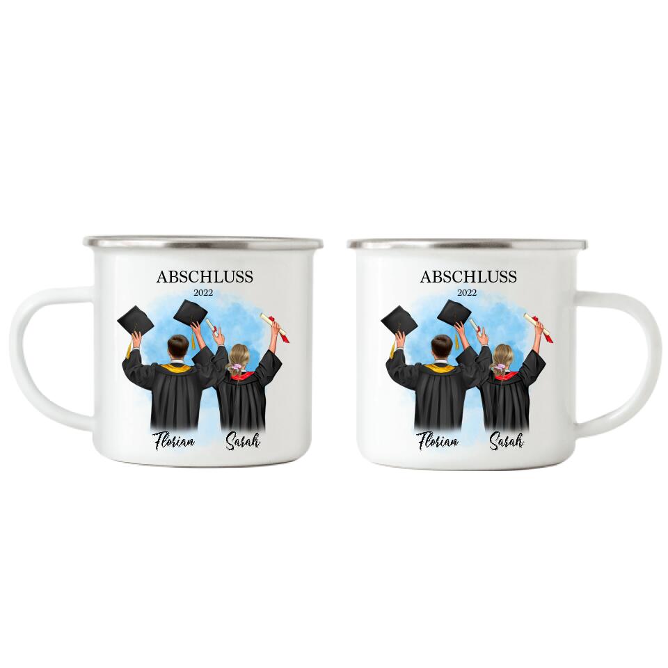 Abschluss Freunde Mann & Frau Emaille-Tasse - Personalisiert - A24