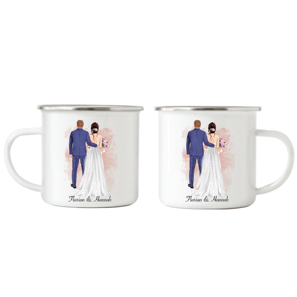 Braut & Bräutigam Emaille Tasse zur Hochzeit - H11