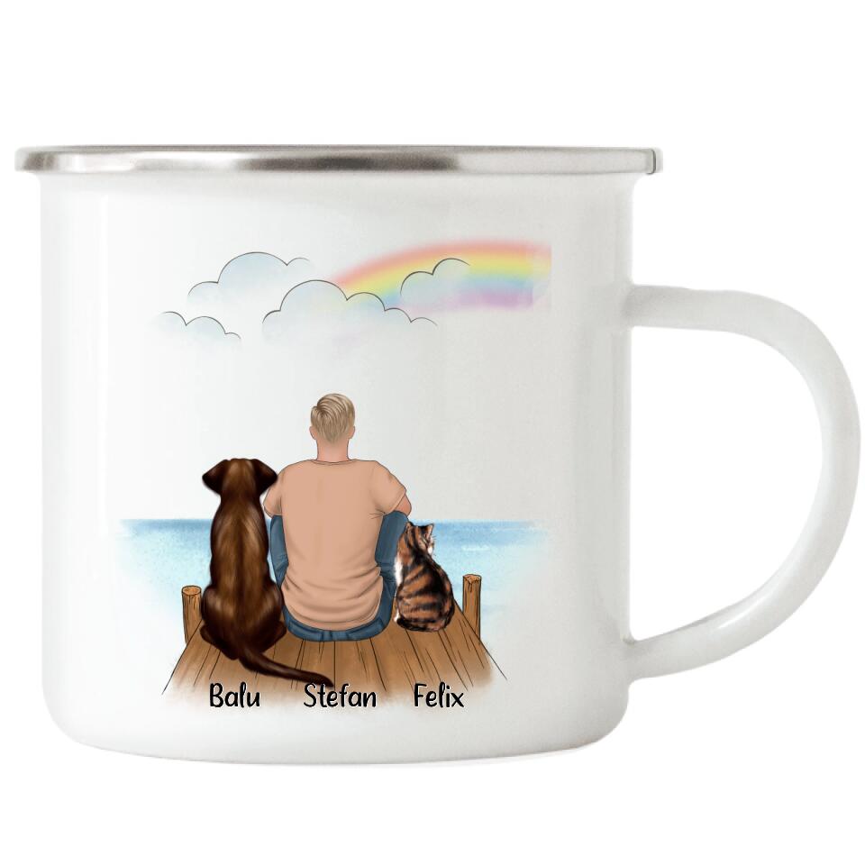 Haustier Emaille Tasse Hund und / oder Katze und Mann - P01