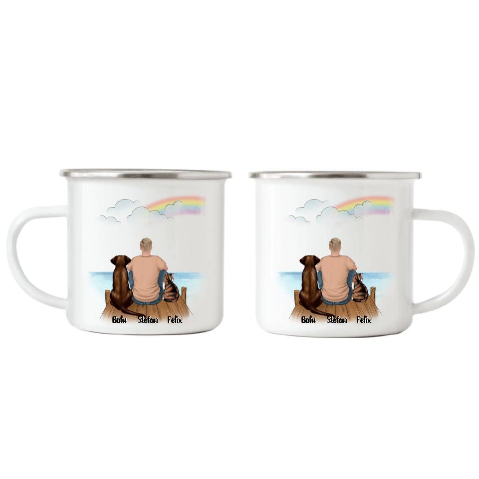 Haustier Emaille Tasse Hund und / oder Katze und Mann - P01