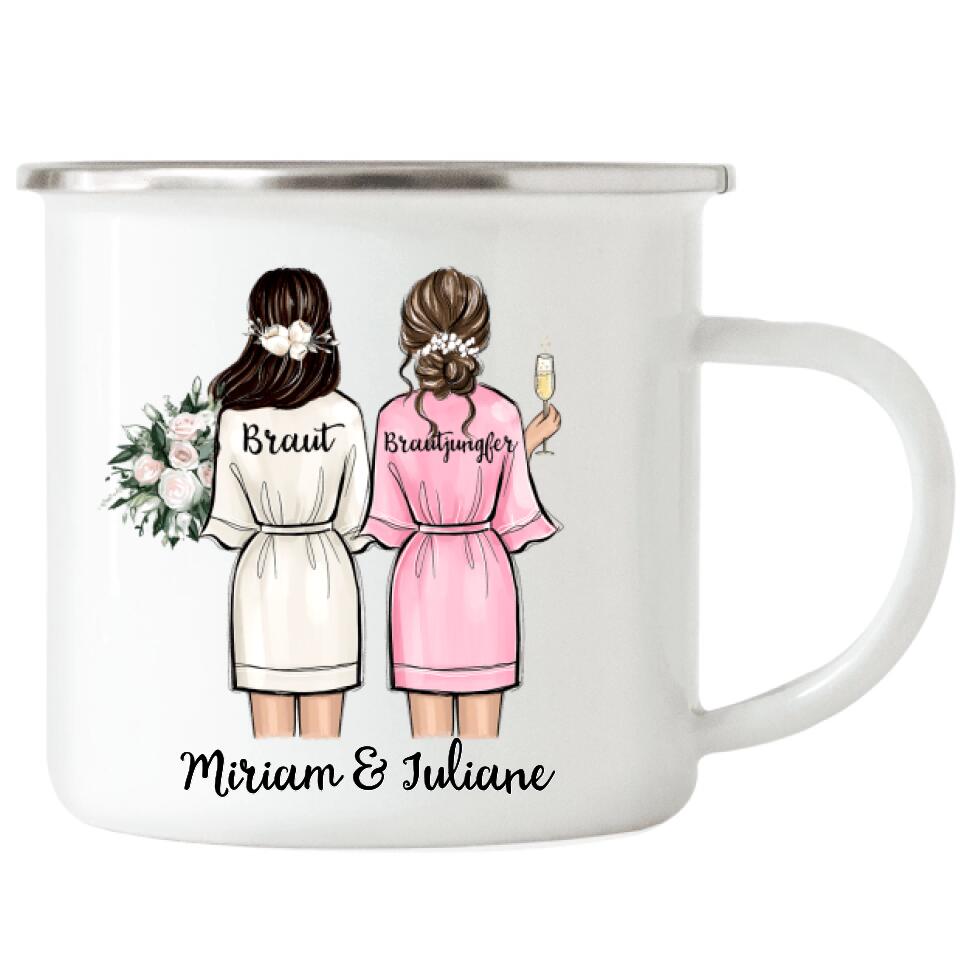 Braut & Brautjungfer Trauzeuginnen Emaille Tasse - Personalisiert - H03