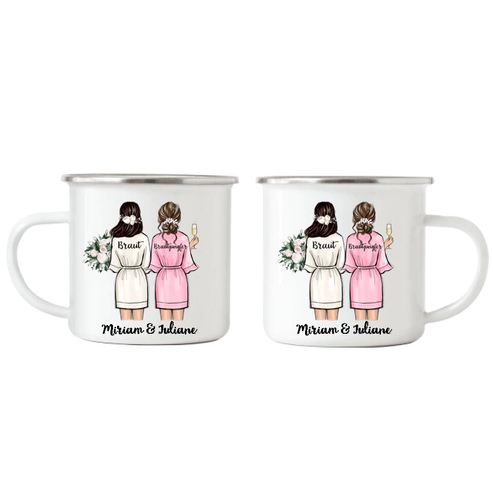 Braut & Brautjungfer Trauzeuginnen Emaille Tasse - Personalisiert - H03