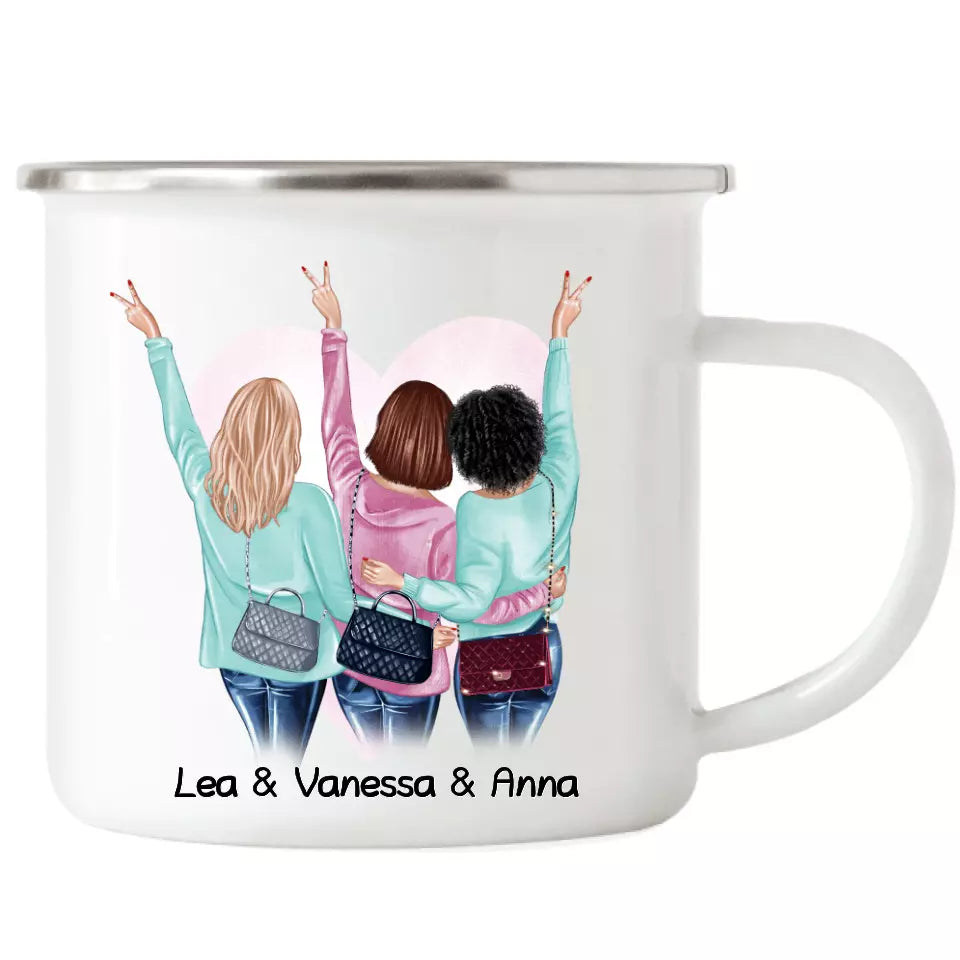 Freundinnen Emaille Tasse Drei Freundinnen - Personalisiert - F24