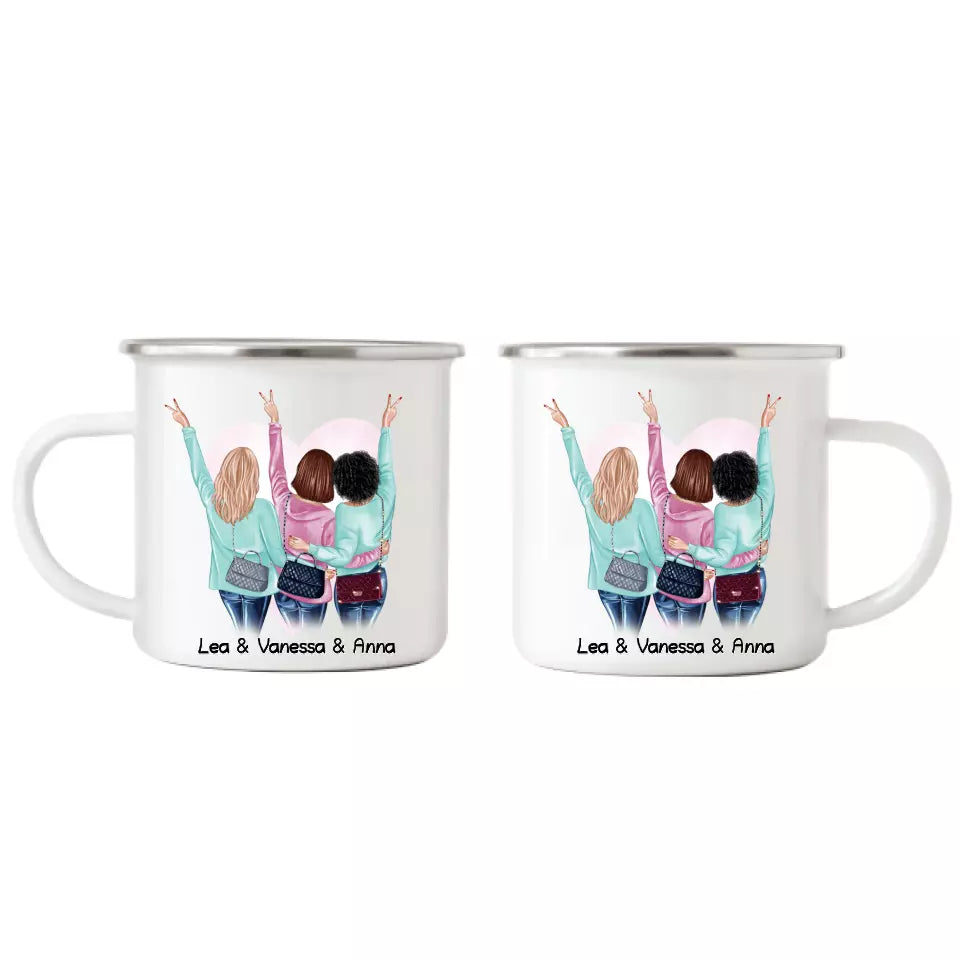 Freundinnen Emaille Tasse Drei Freundinnen - Personalisiert - F24