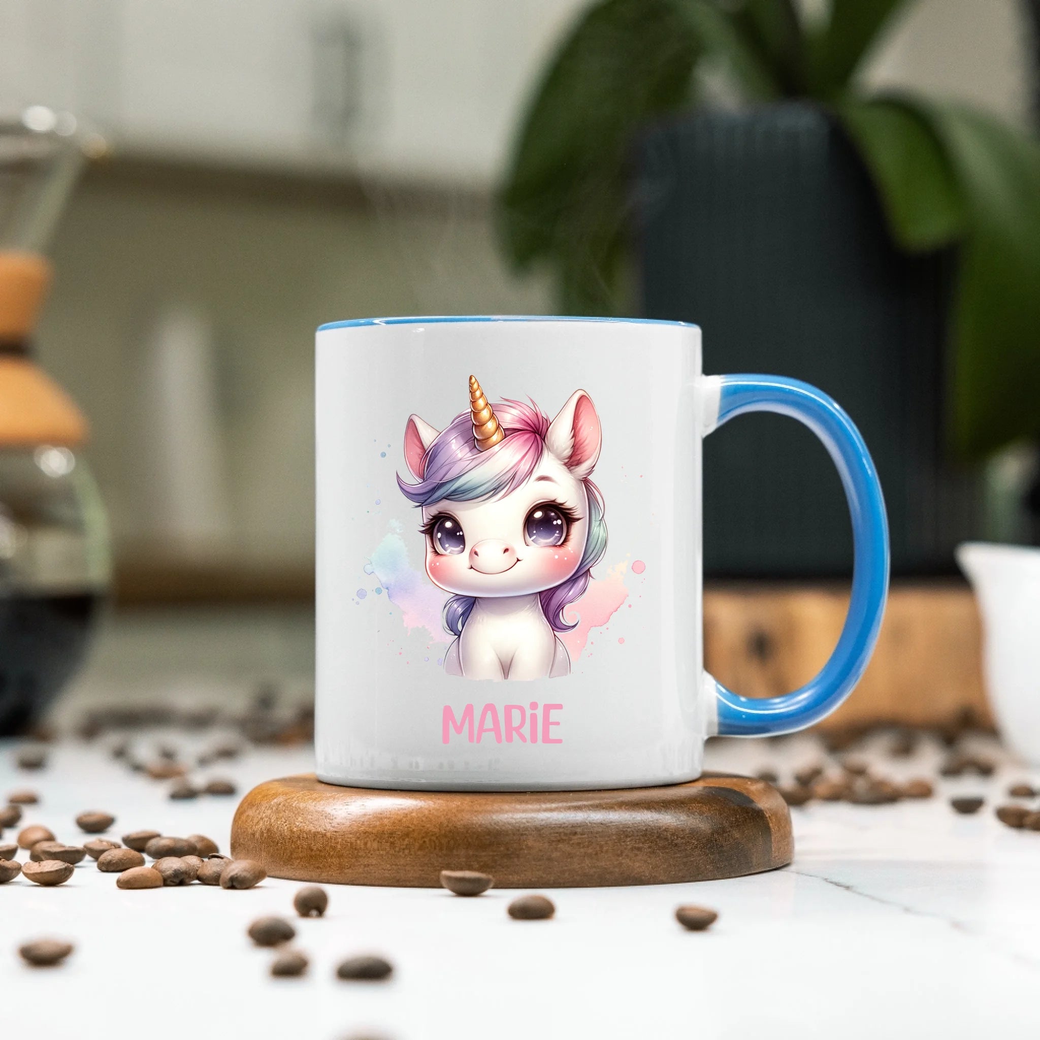Kindertasse mit Namen Personalisiert, Personalisierte Tasse Kinder mit Einhorn, Namenstasse Tier Kinderbecher als Geschenk zur Taufe, Geburt Weihnachten