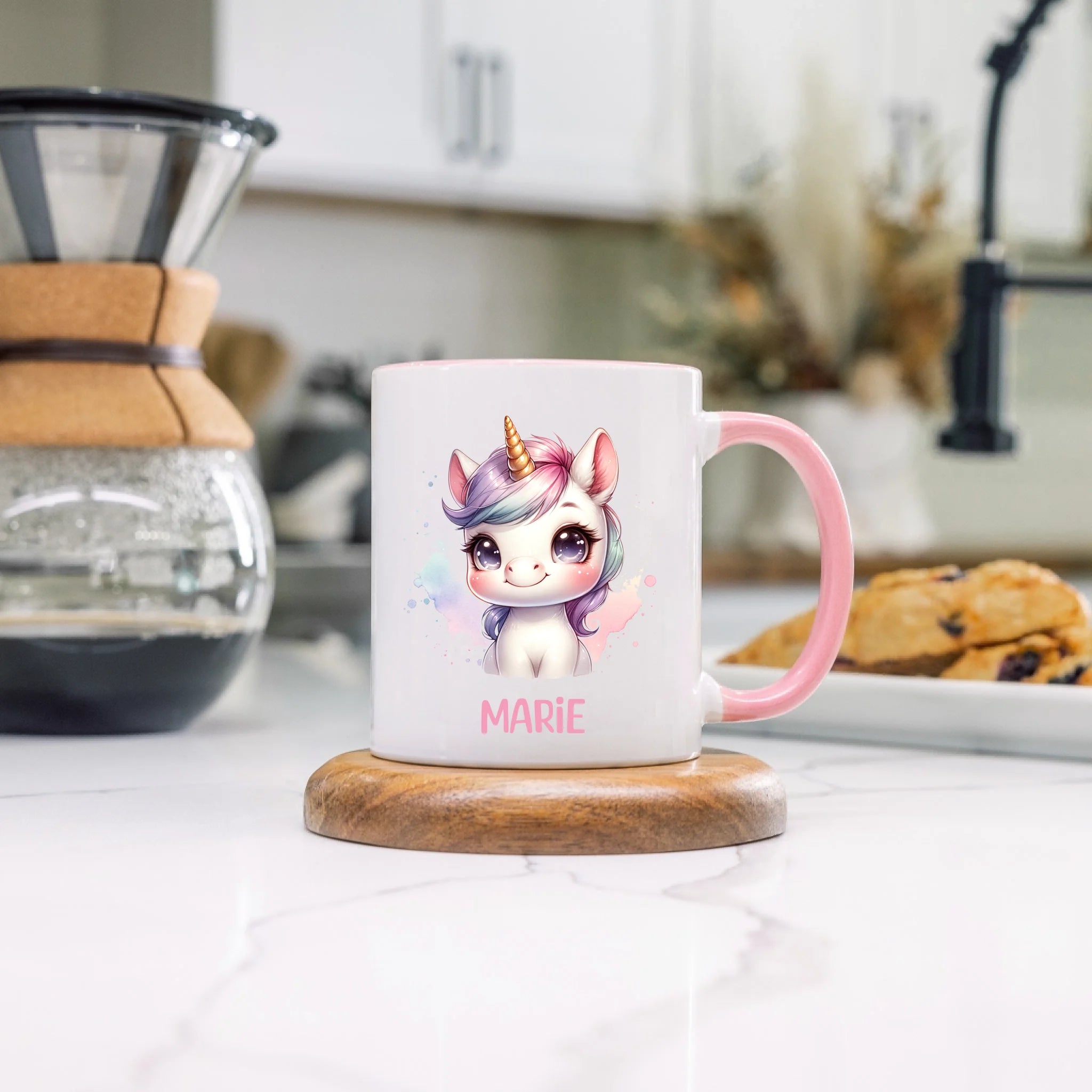 Kindertasse mit Namen Personalisiert, Personalisierte Tasse Kinder mit Einhorn, Namenstasse Tier Kinderbecher als Geschenk zur Taufe, Geburt Weihnachten