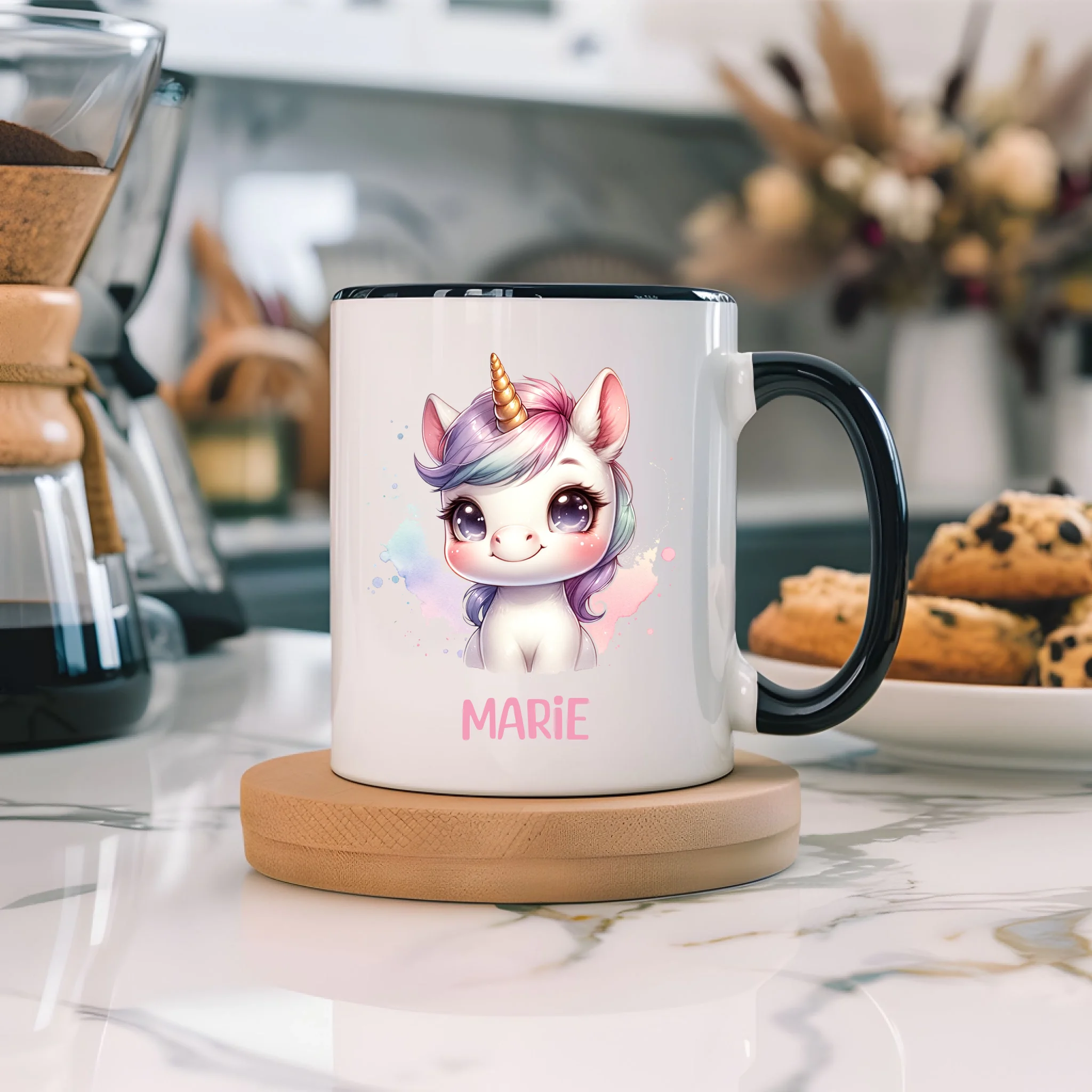 Kindertasse mit Namen Personalisiert, Personalisierte Tasse Kinder mit Einhorn, Namenstasse Tier Kinderbecher als Geschenk zur Taufe, Geburt Weihnachten