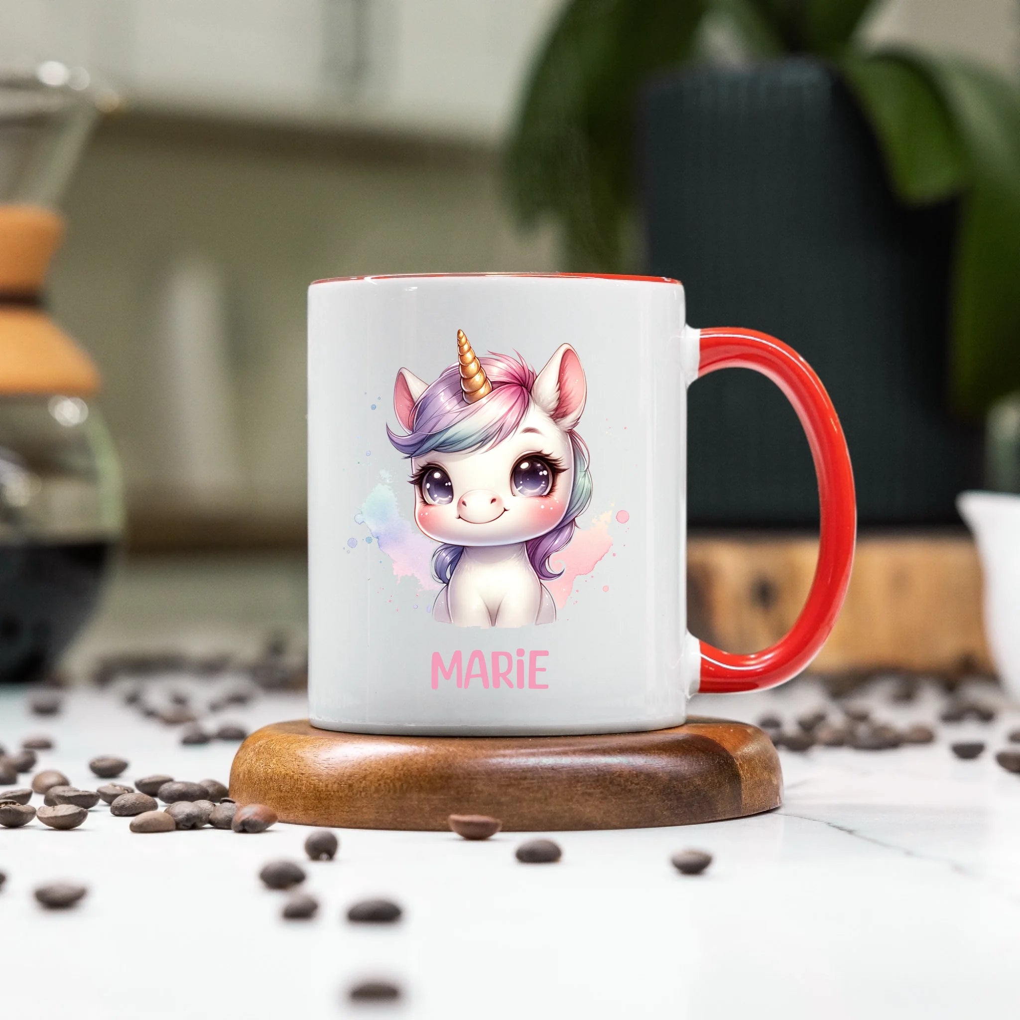 Kindertasse mit Namen Personalisiert, Personalisierte Tasse Kinder mit Einhorn, Namenstasse Tier Kinderbecher als Geschenk zur Taufe, Geburt Weihnachten