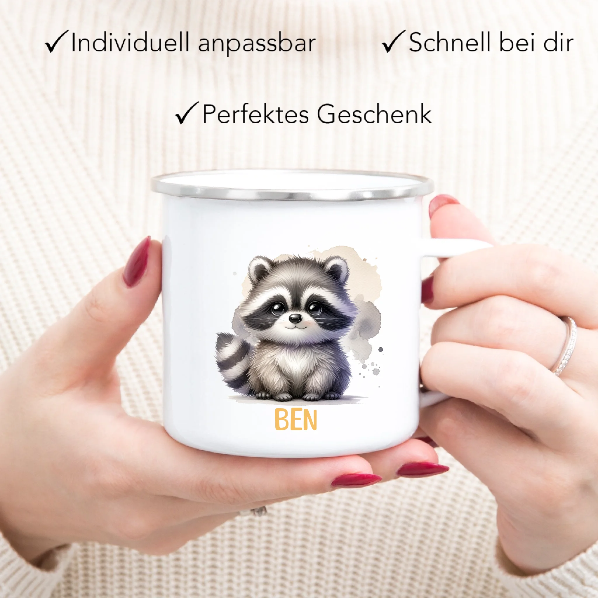 Kindertasse mit Namen Personalisiert, Personalisierte Tasse mit Tiermotiv, Namenstasse, Kinderbecher als Geschenk zur Taufe, Geburt Weihnachten - Emaille Tasse