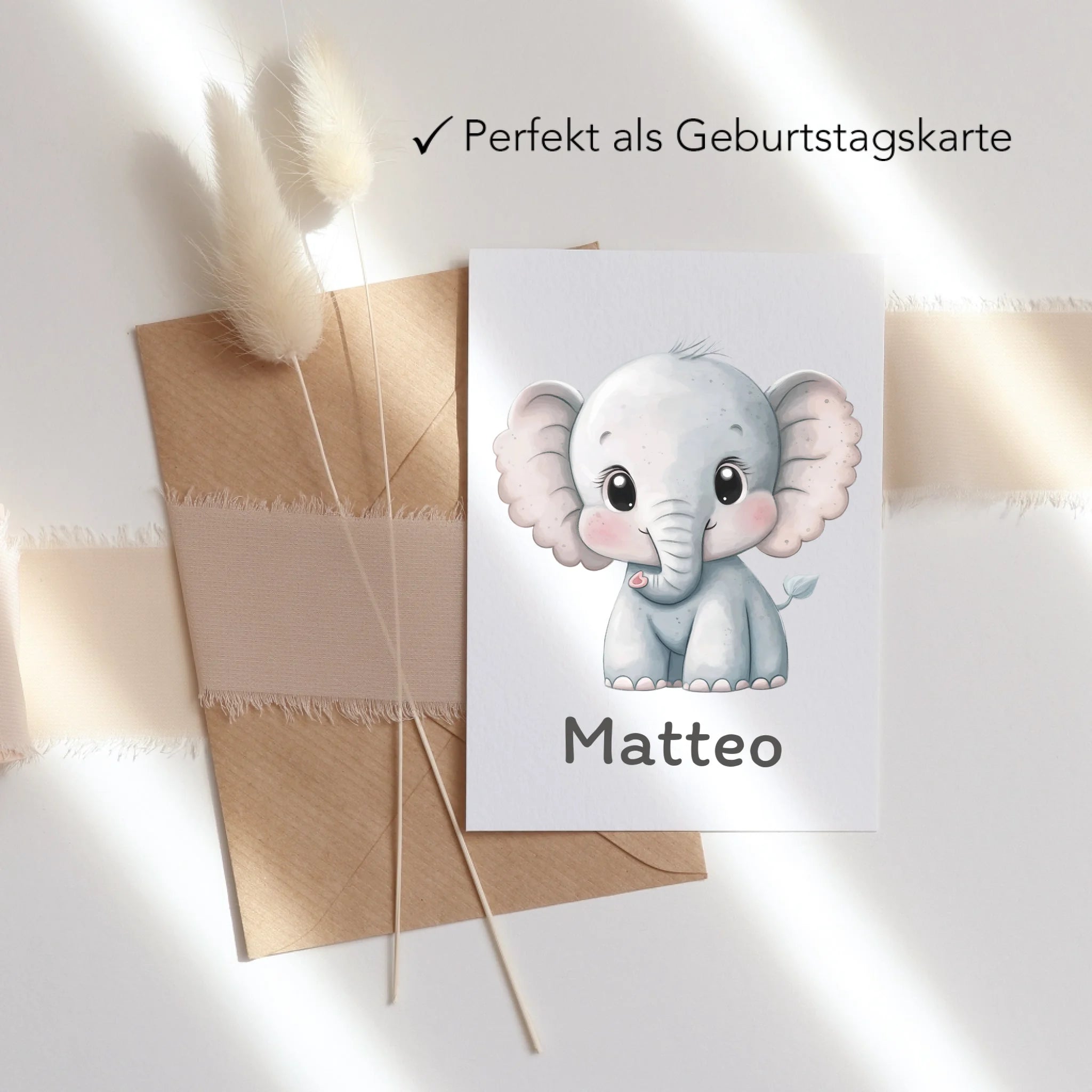 Karte mit Namen für Kinder, Glückwunschkarte zur Geburt, Taufe, Einschulung oder Geburtstag – Faltkarte Tiermotiv Jungen Mädchen