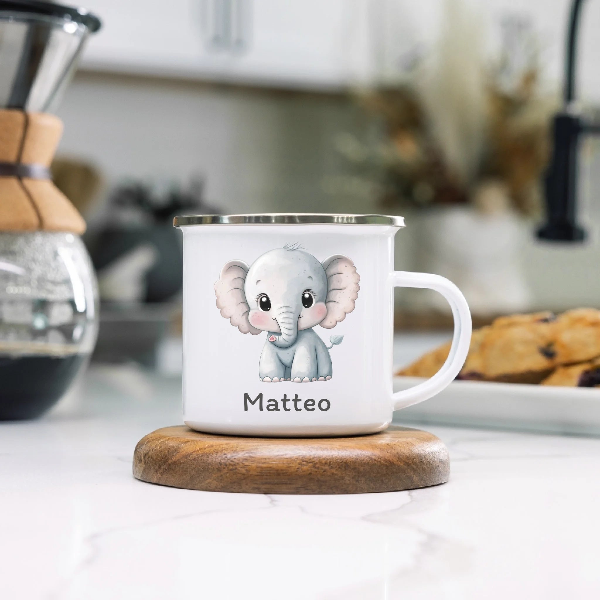 Kindertasse mit Namen, Personalisierte Tasse mit Tiermotiv, Namenstasse, Kinderbecher als Geschenk zur Taufe, Geburt Weihnachten - Emaille Tasse