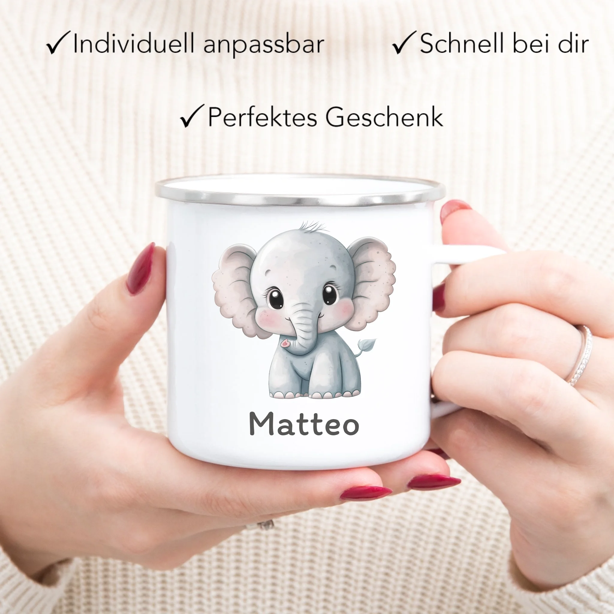 Kindertasse mit Namen, Personalisierte Tasse mit Tiermotiv, Namenstasse, Kinderbecher als Geschenk zur Taufe, Geburt Weihnachten - Emaille Tasse