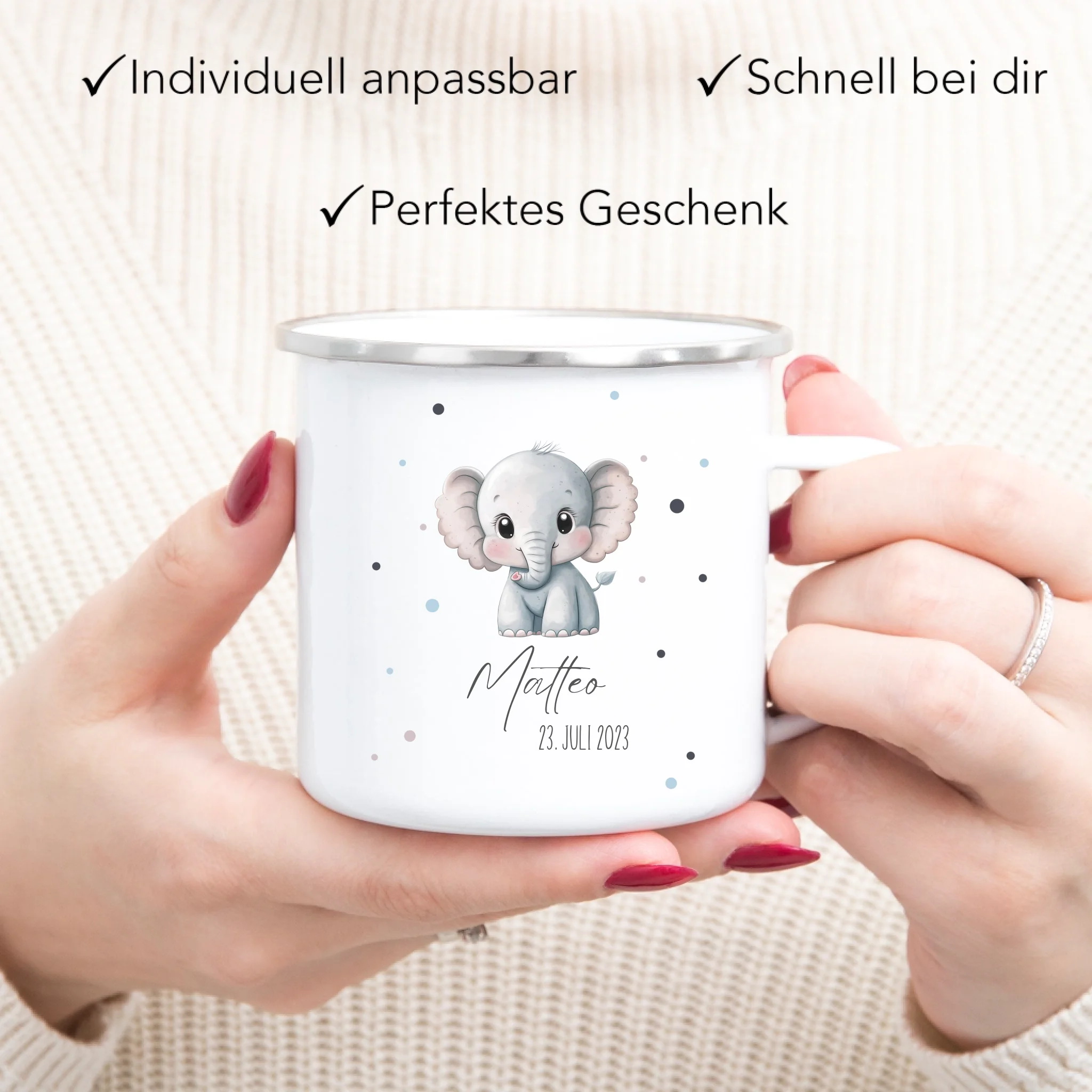 Kindertasse mit Namen Personalisiert, Personalisierte Tasse für Kinder mit Tiermotiv, Namenstasse, Kinderbecher als Geschenk zur Taufe, Geburt, Weihnachten - Emaille Tasse