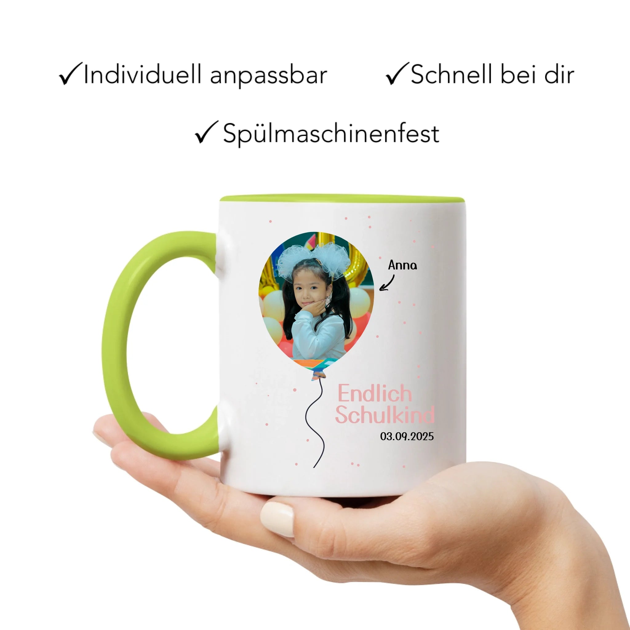 Foto Tasse Schulkind 2025 Mädchen Junge, Schulanfang Einschulung Fototasse Personalisiert mit Bild & Name, Einschulungsgeschenk ersten Schultag für Erstklässler