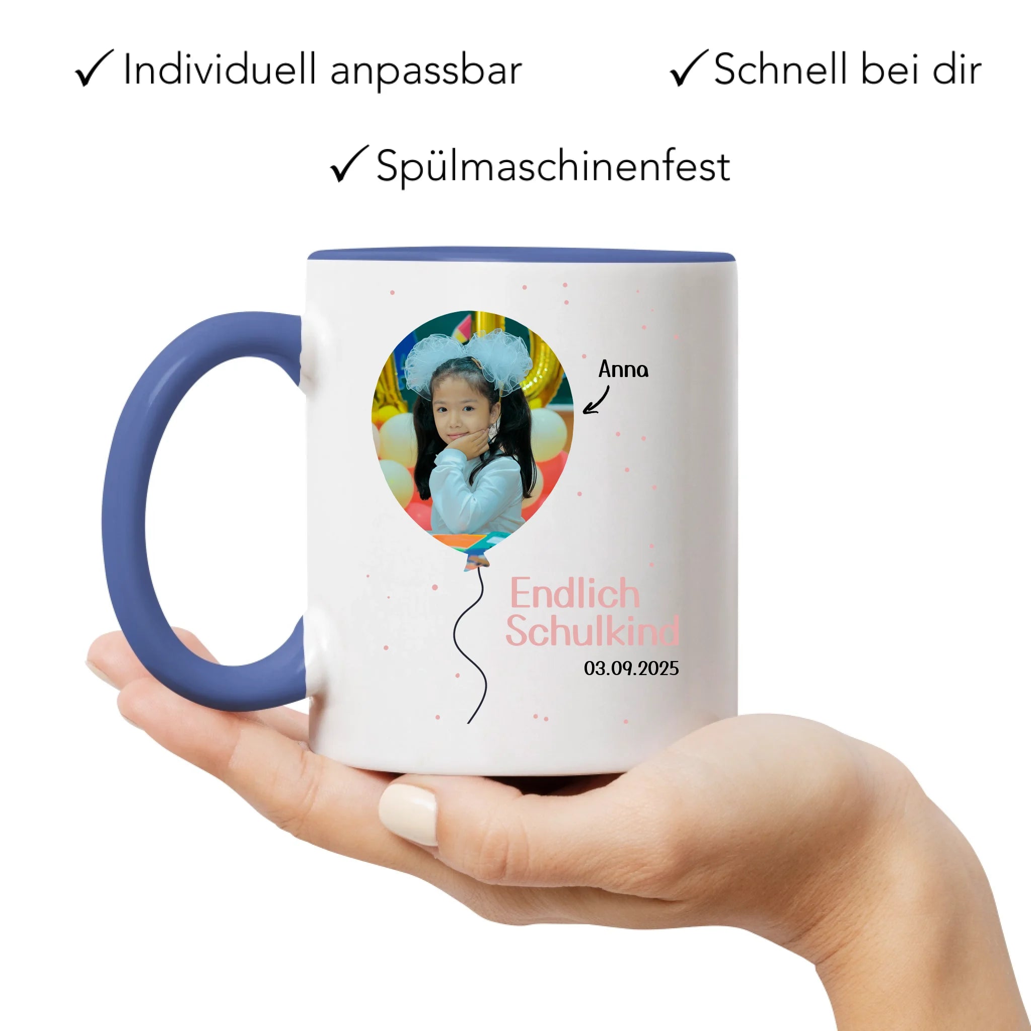 Foto Tasse Schulkind 2025 Mädchen Junge, Schulanfang Einschulung Fototasse Personalisiert mit Bild & Name, Einschulungsgeschenk ersten Schultag für Erstklässler