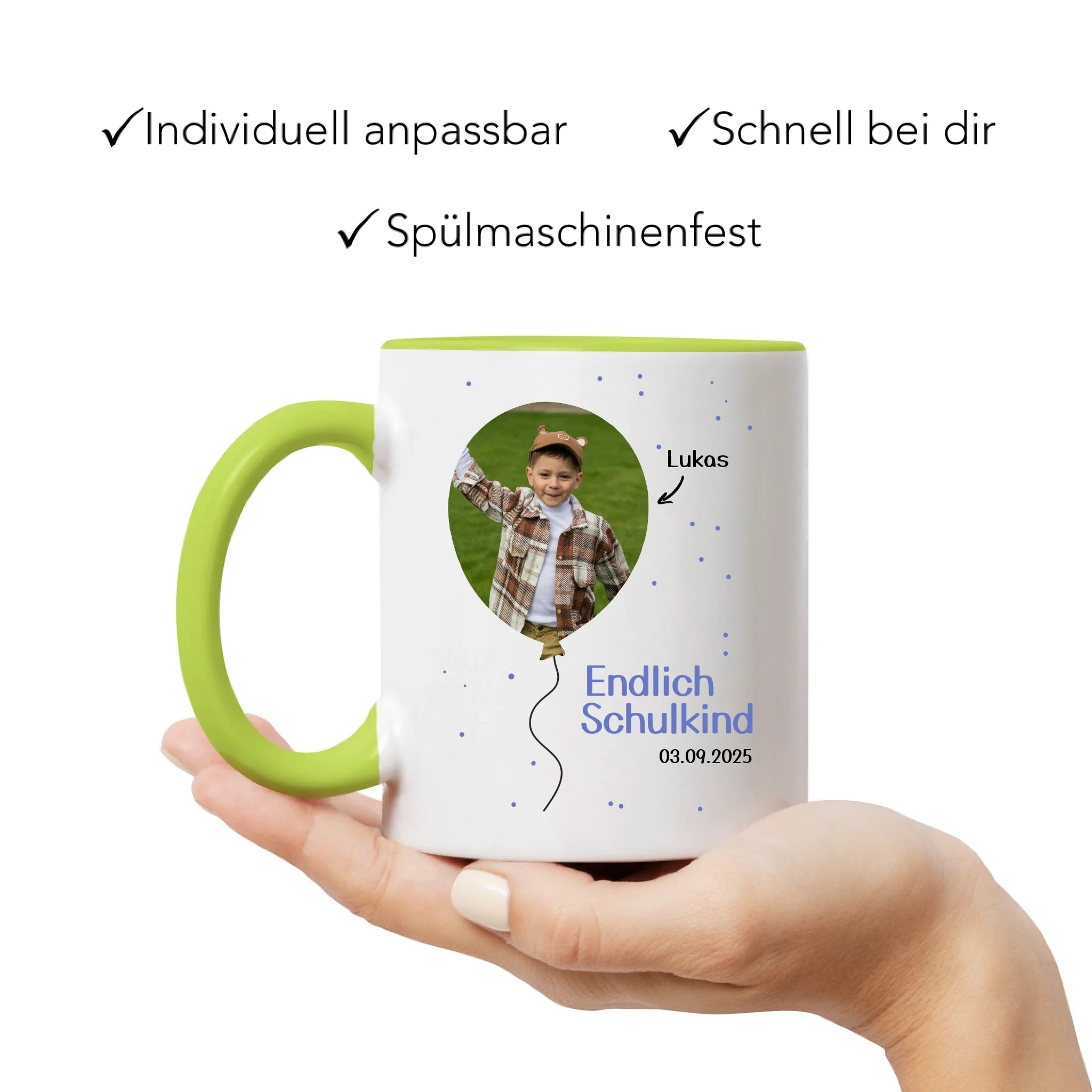 Foto Tasse Schulkind 2025 Junge Mädchen, Schulanfang Einschulung Fototasse Personalisiert mit Bild & Name, Einschulungsgeschenk ersten Schultag für Erstklässler