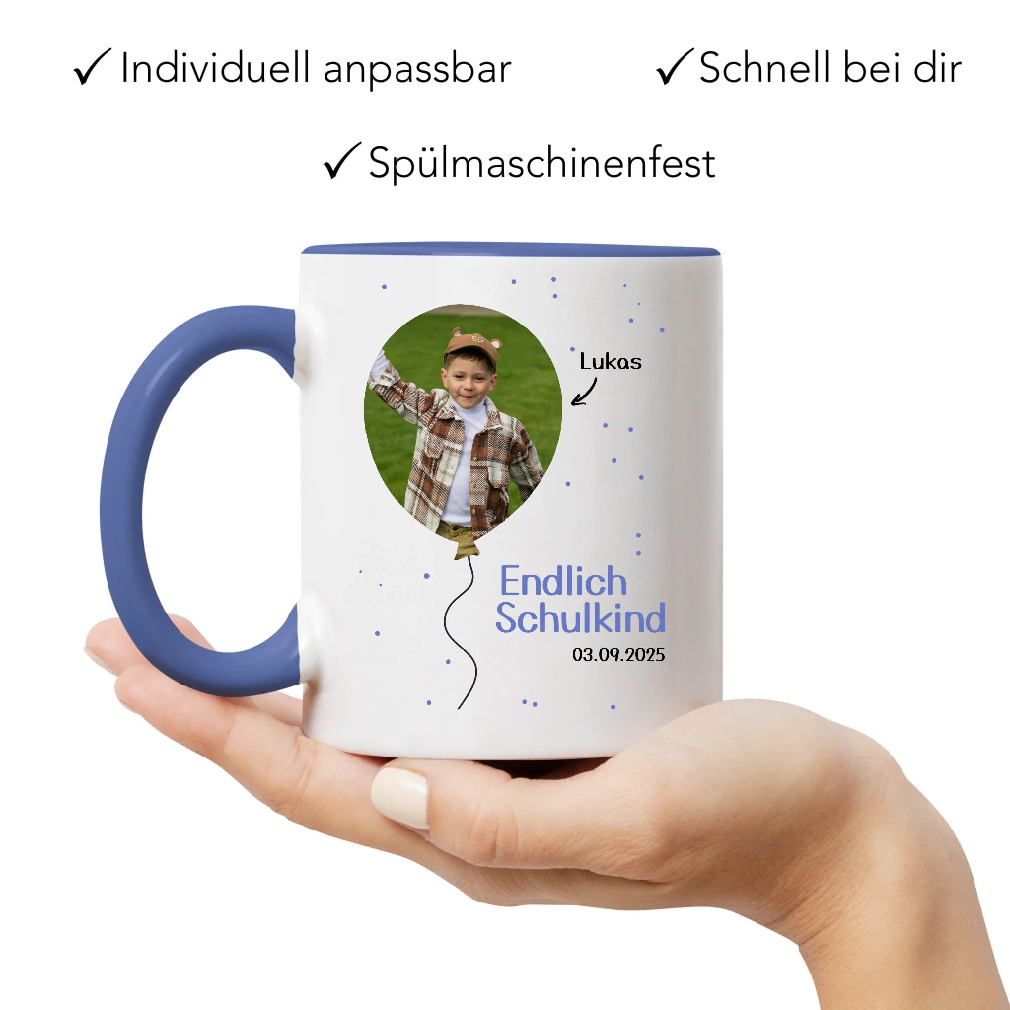Foto Tasse Schulkind 2025 Junge Mädchen, Schulanfang Einschulung Fototasse Personalisiert mit Bild & Name, Einschulungsgeschenk ersten Schultag für Erstklässler