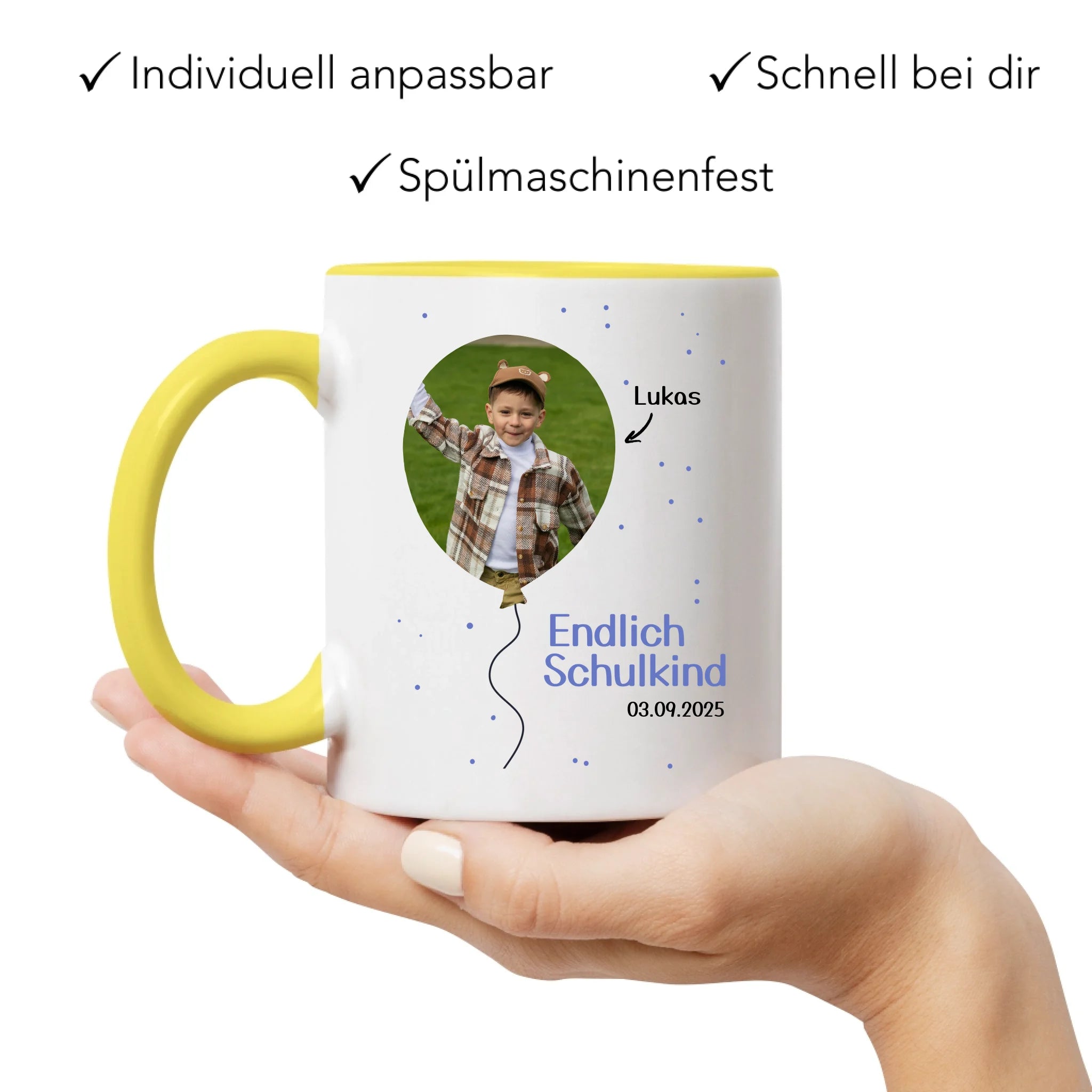 Foto Tasse Schulkind 2025 Junge Mädchen, Schulanfang Einschulung Fototasse Personalisiert mit Bild & Name, Einschulungsgeschenk ersten Schultag für Erstklässler
