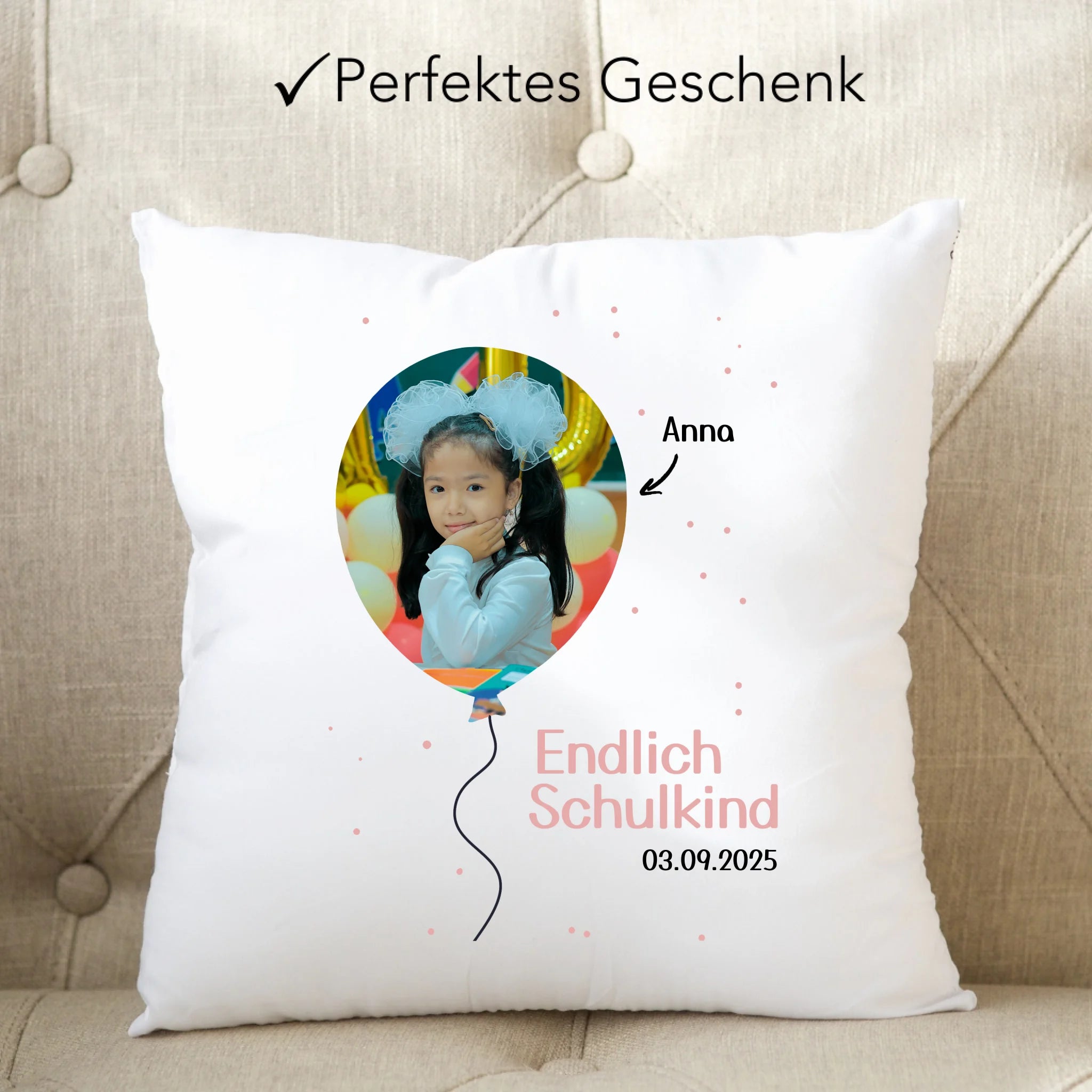 Kissen Schulkind 2025 Mädchen Junge, Einschulung Schulanfang Geschenk personalisiert mit Name und Foto, Einschulungsgeschenk zum ersten Schultag für Erstklässler - Kissen inkl. Füllung