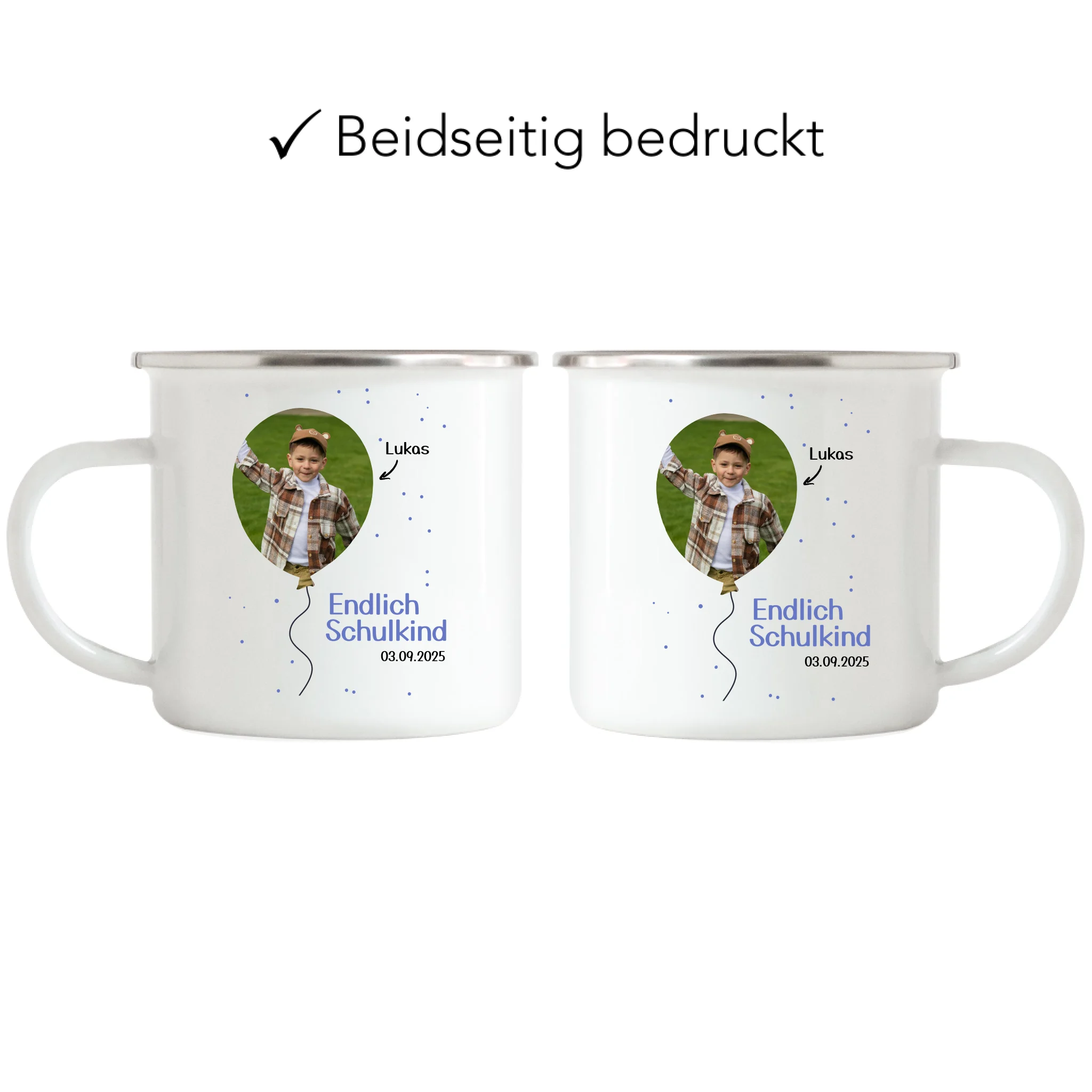 Foto Tasse Schulkind 2025 Junge Mädchen, Schulanfang Einschulung Fototasse Personalisiert mit Bild & Name, Einschulungsgeschenk ersten Schultag für Erstklässler - Emaille Tasse