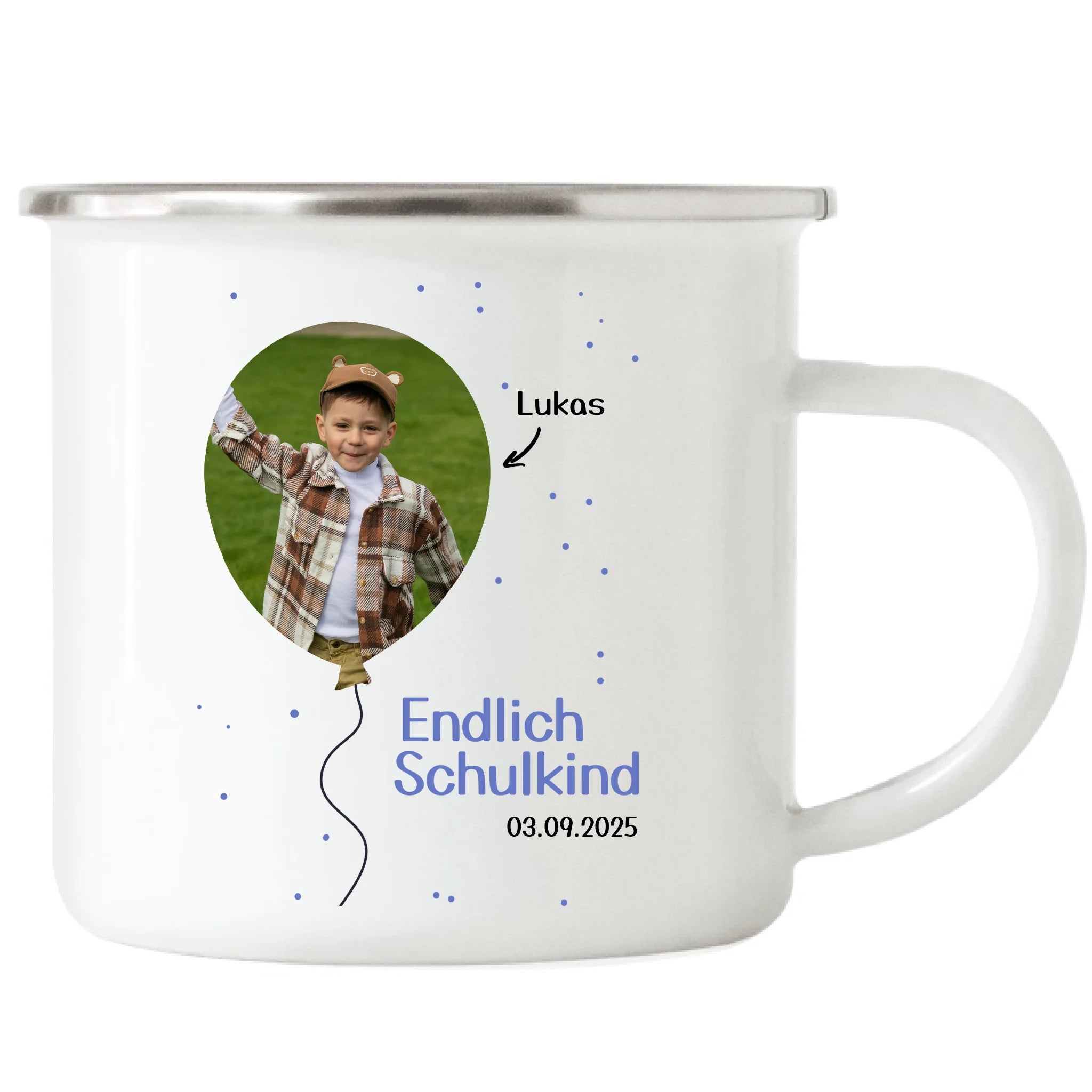 Foto Tasse Schulkind 2025 Junge Mädchen, Schulanfang Einschulung Fototasse Personalisiert mit Bild & Name, Einschulungsgeschenk ersten Schultag für Erstklässler - Emaille Tasse