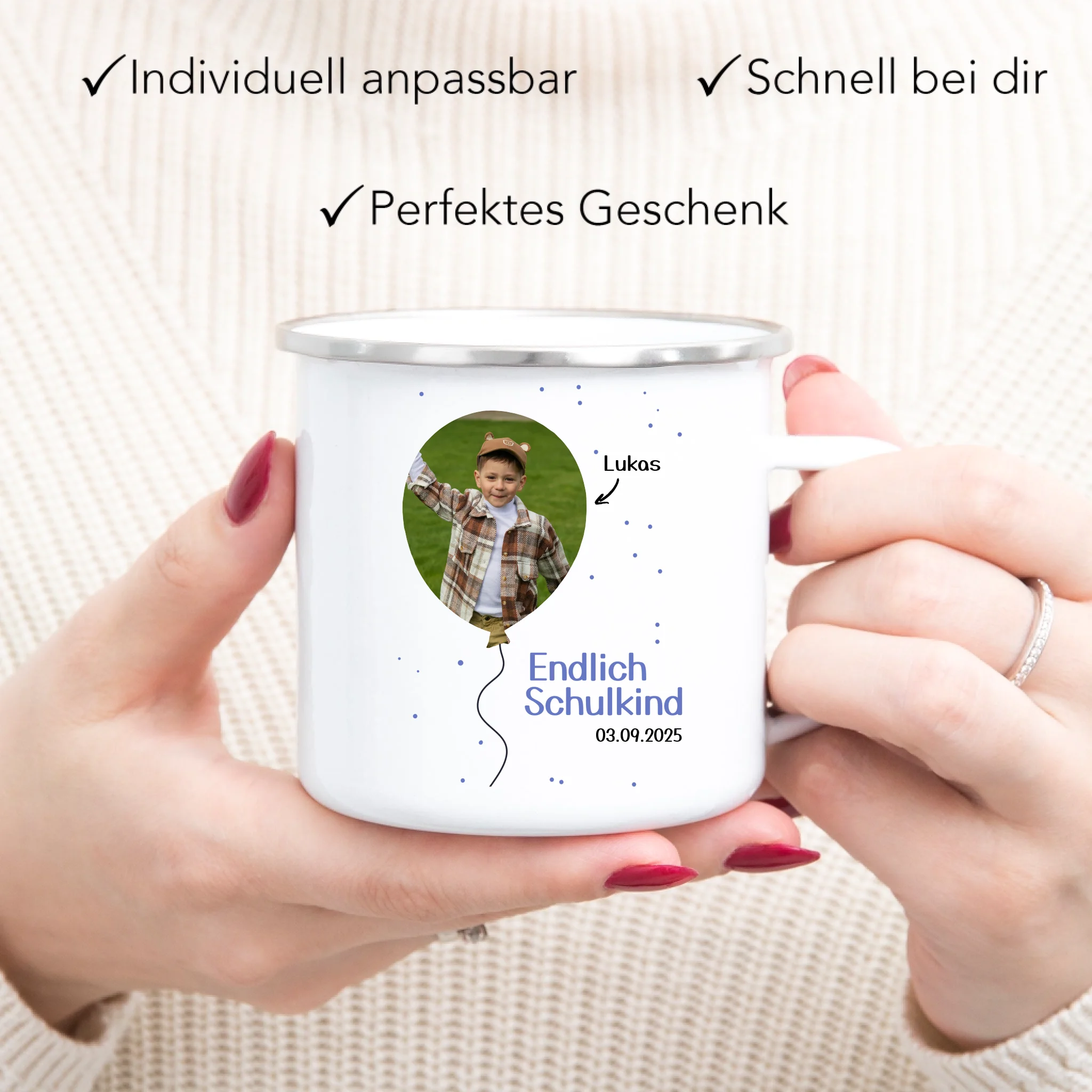 Foto Tasse Schulkind 2025 Junge Mädchen, Schulanfang Einschulung Fototasse Personalisiert mit Bild & Name, Einschulungsgeschenk ersten Schultag für Erstklässler - Emaille Tasse