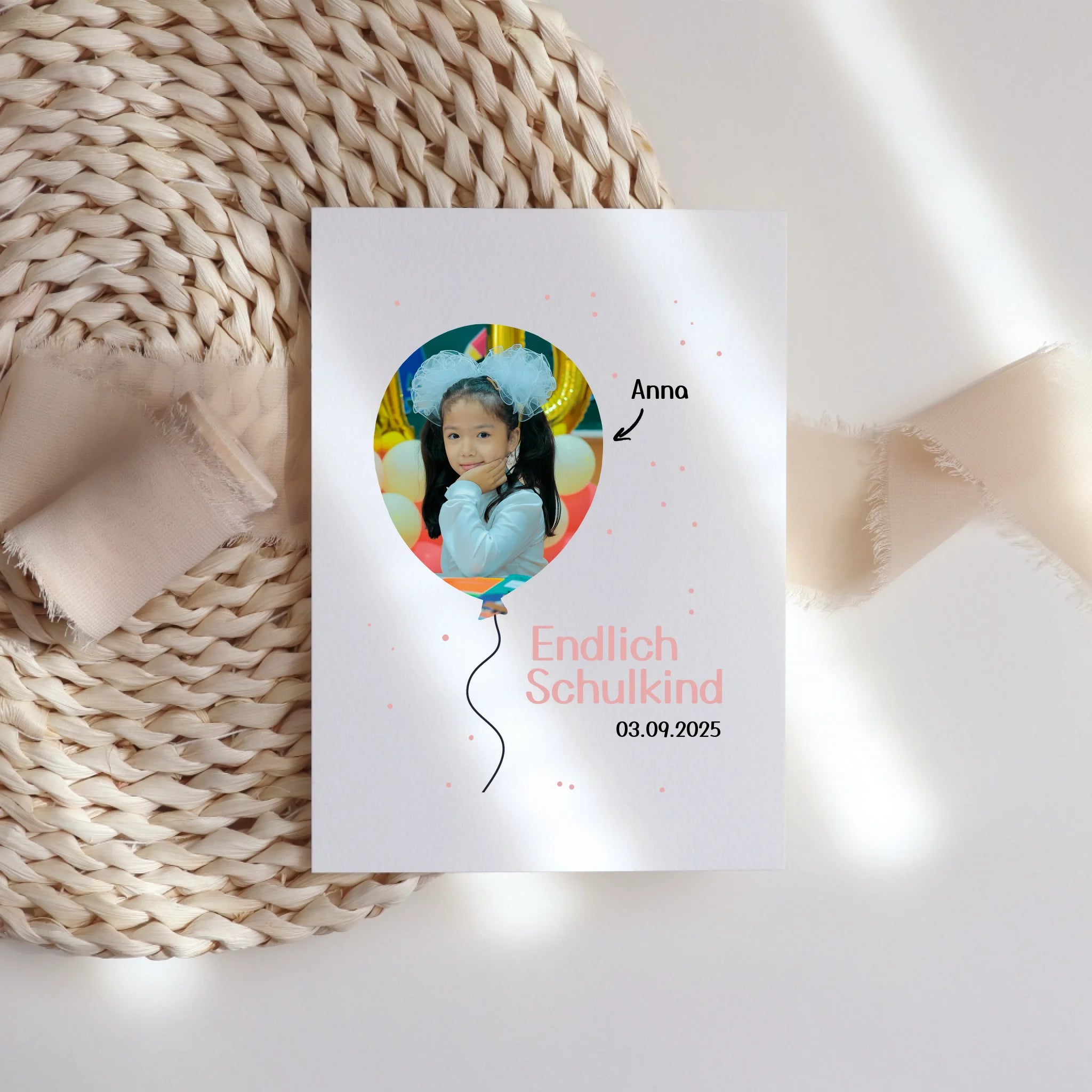 Karte Schulkind 2025 Mädchen Junge, Einschulung Schulanfang personalisierte Grußkarte mit Name und Foto, Einschulungskarte zum ersten Schultag für Erstklässler