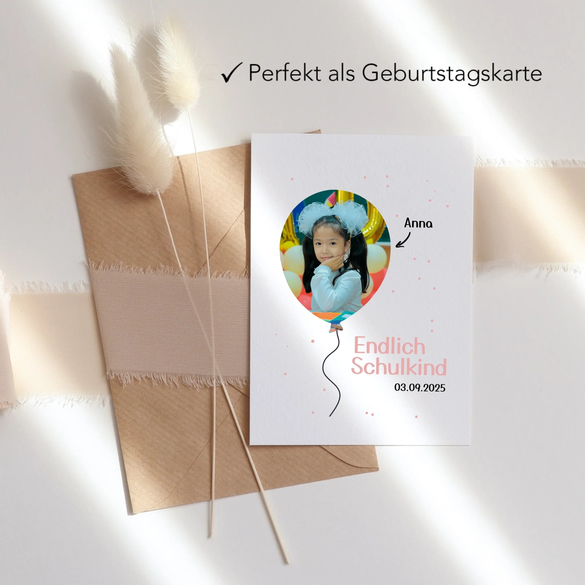 Karte Schulkind 2025 Mädchen Junge, Einschulung Schulanfang personalisierte Grußkarte mit Name und Foto, Einschulungskarte zum ersten Schultag für Erstklässler