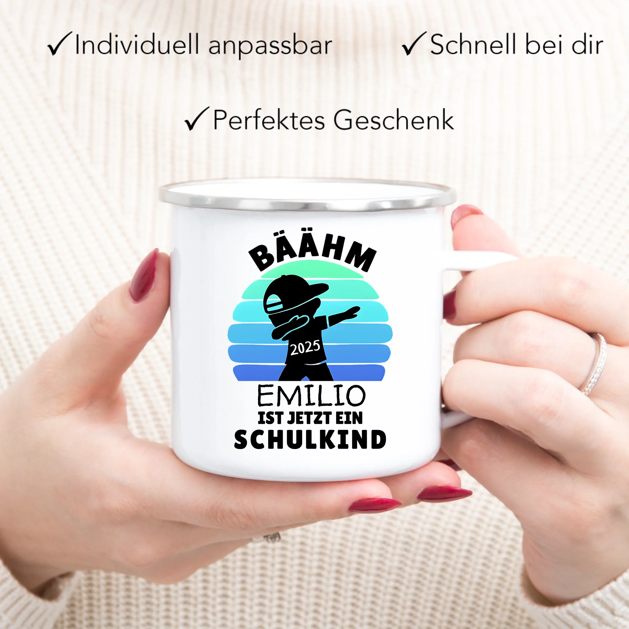 Bäähm Schulkind 2025 Tasse Personalisiert, Kleines Geschenk Einschulung Schulstart Schuleinführung mit Name & Jahr für Erstklässler - Emaille Tasse