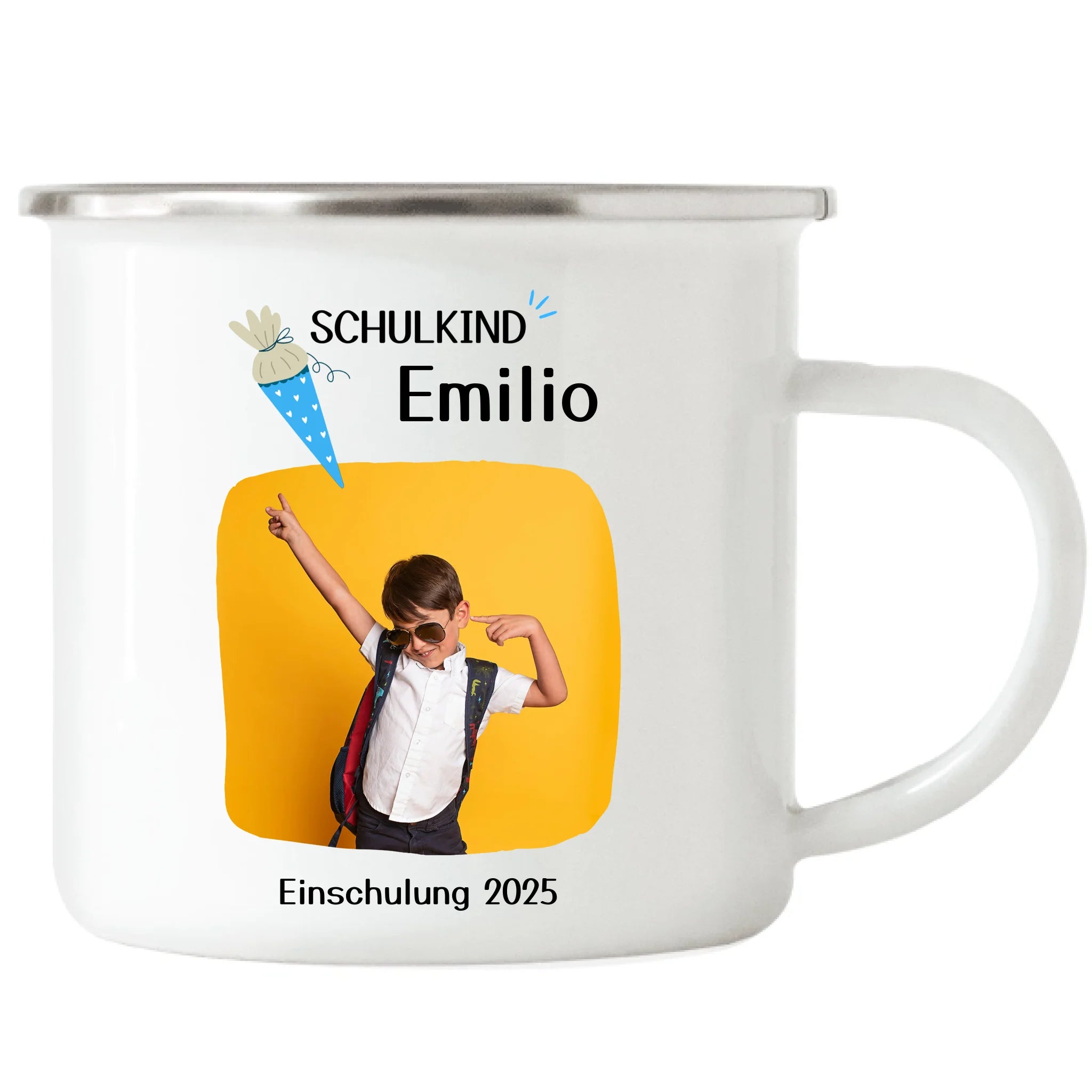 Foto Tasse Schulkind 2025 Junge Mädchen, Schulanfang Einschulung Fototasse Personalisiert mit Name Bild, Einschulungsgeschenk ersten Schultag für Erstklässler - Emaille Tasse