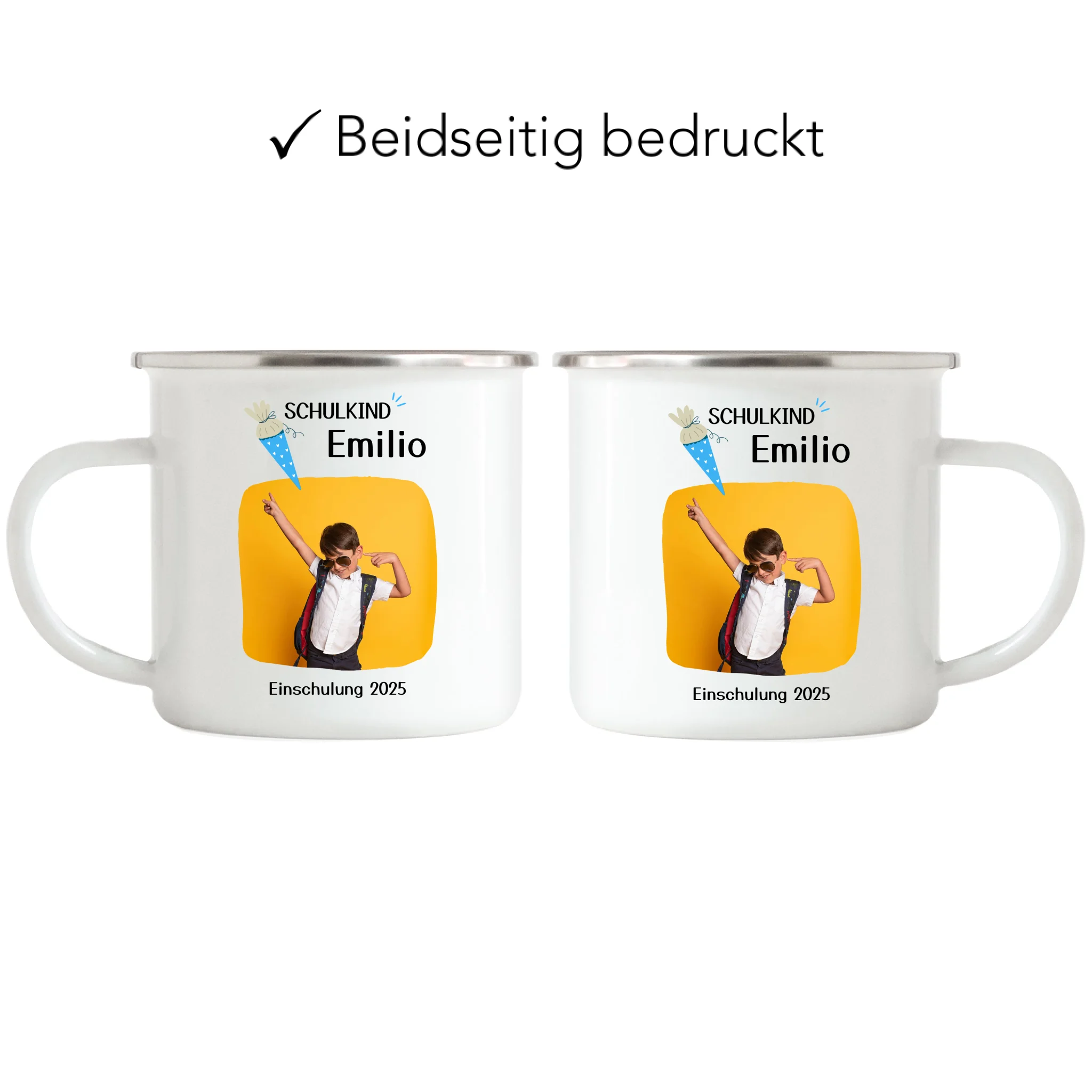 Foto Tasse Schulkind 2025 Junge Mädchen, Schulanfang Einschulung Fototasse Personalisiert mit Name Bild, Einschulungsgeschenk ersten Schultag für Erstklässler - Emaille Tasse
