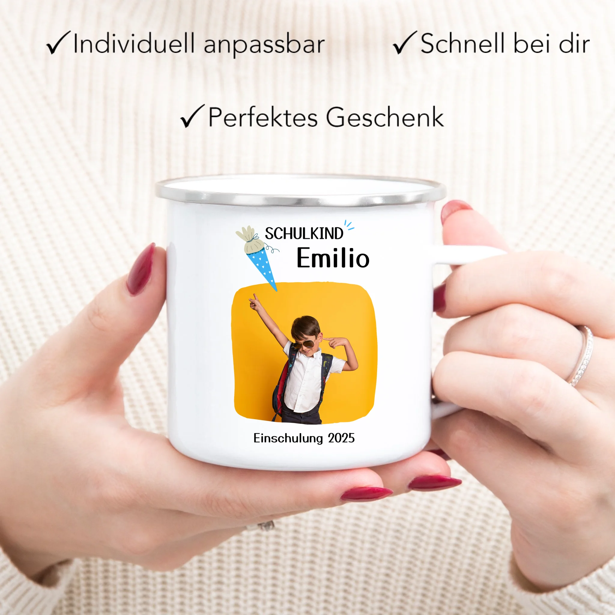 Foto Tasse Schulkind 2025 Junge Mädchen, Schulanfang Einschulung Fototasse Personalisiert mit Name Bild, Einschulungsgeschenk ersten Schultag für Erstklässler - Emaille Tasse