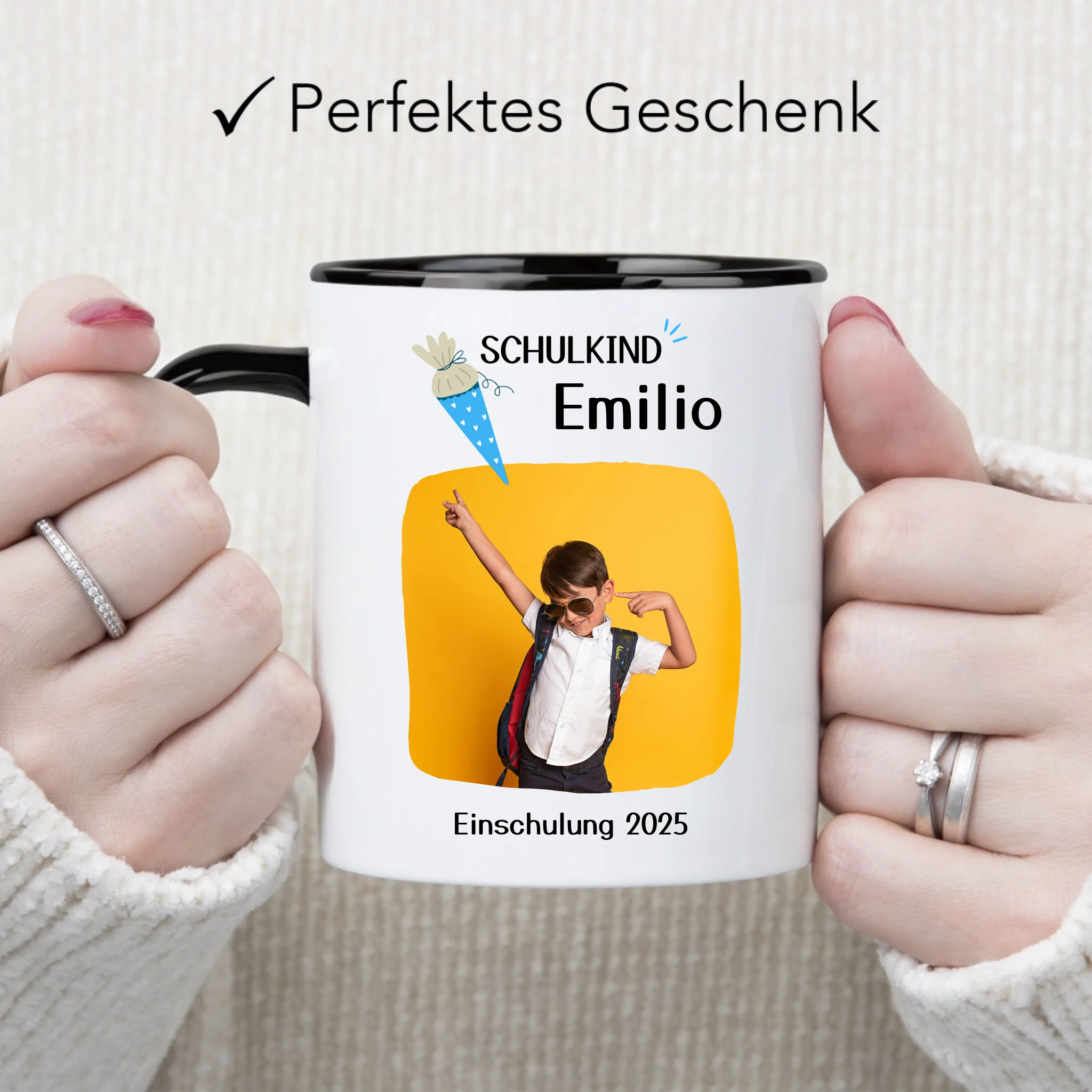 Foto Tasse Schulkind 2025 Junge Mädchen, Schulanfang Einschulung Fototasse Personalisiert mit Name Bild, Einschulungsgeschenk ersten Schultag für Erstklässler