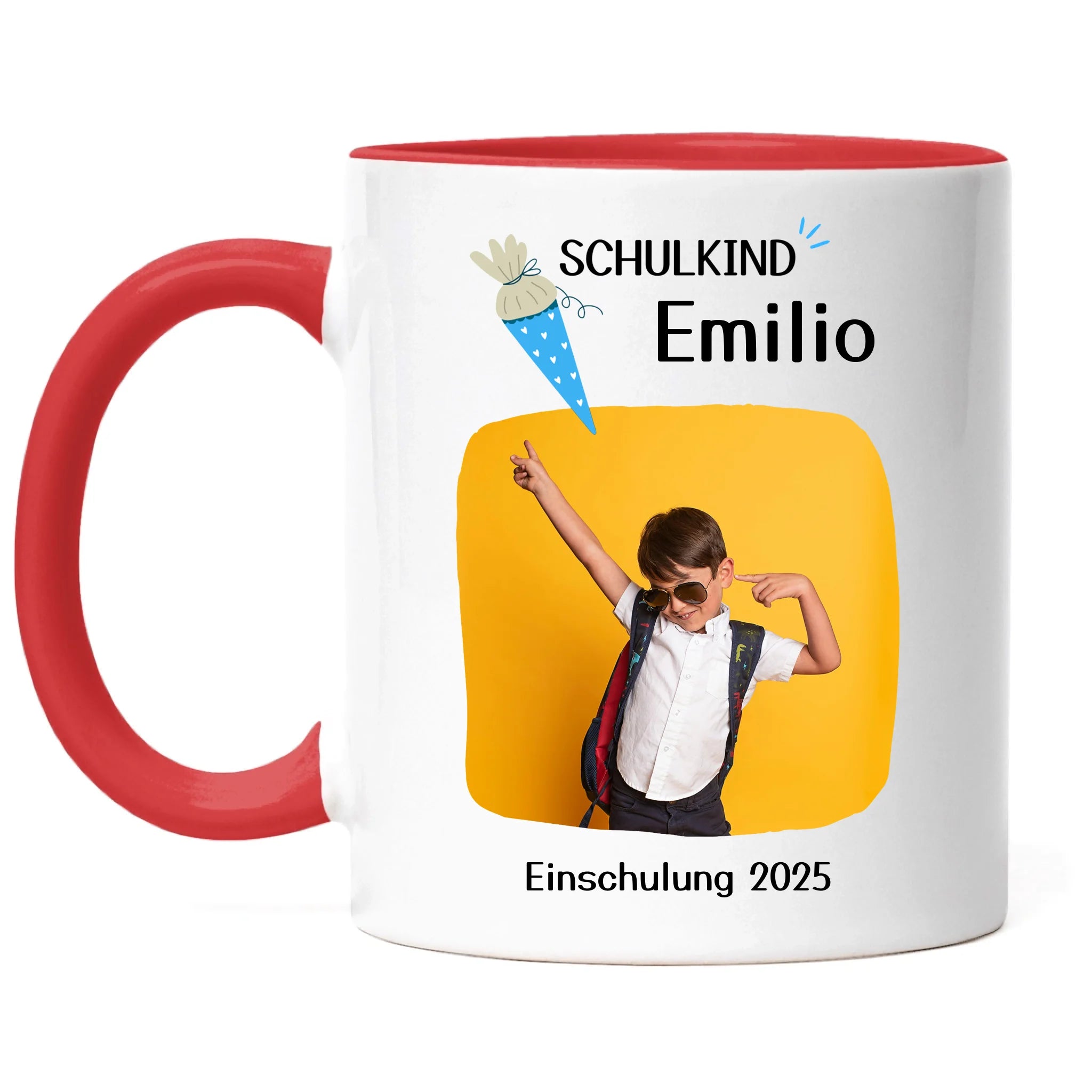 Foto Tasse Schulkind 2025 Junge Mädchen, Schulanfang Einschulung Fototasse Personalisiert mit Name Bild, Einschulungsgeschenk ersten Schultag für Erstklässler