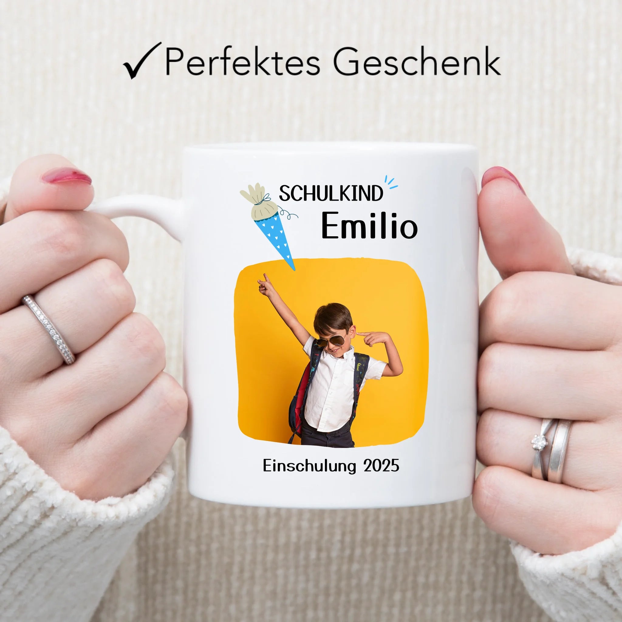 Foto Tasse Schulkind 2025 Junge Mädchen, Schulanfang Einschulung Fototasse Personalisiert mit Name Bild, Einschulungsgeschenk ersten Schultag für Erstklässler