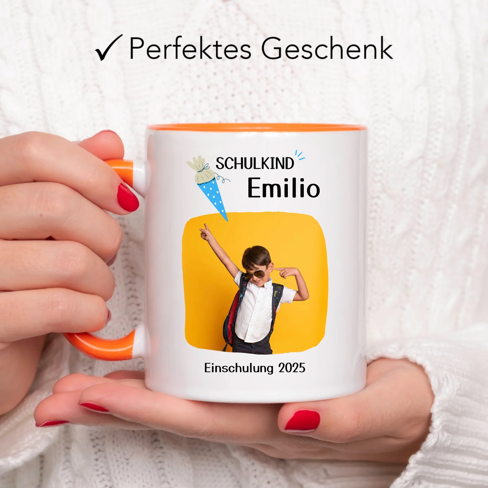 Foto Tasse Schulkind 2025 Junge Mädchen, Schulanfang Einschulung Fototasse Personalisiert mit Name Bild, Einschulungsgeschenk ersten Schultag für Erstklässler