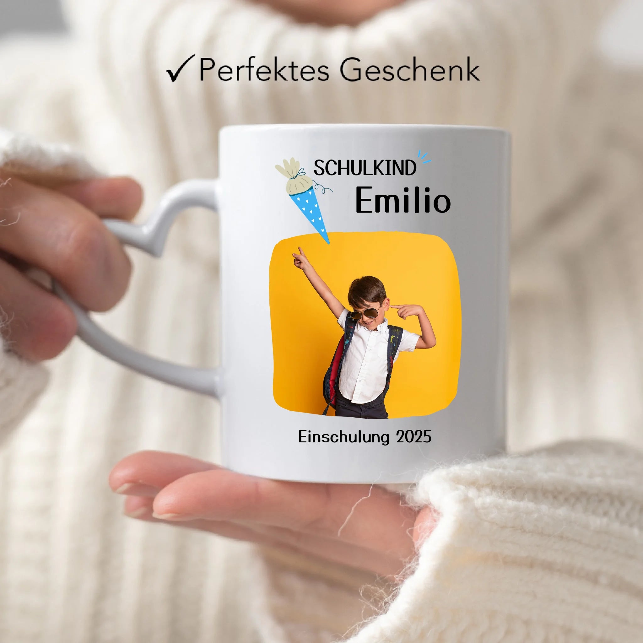 Foto Tasse Schulkind 2025 Junge Mädchen, Schulanfang Einschulung Fototasse Personalisiert mit Name Bild, Einschulungsgeschenk ersten Schultag für Erstklässler