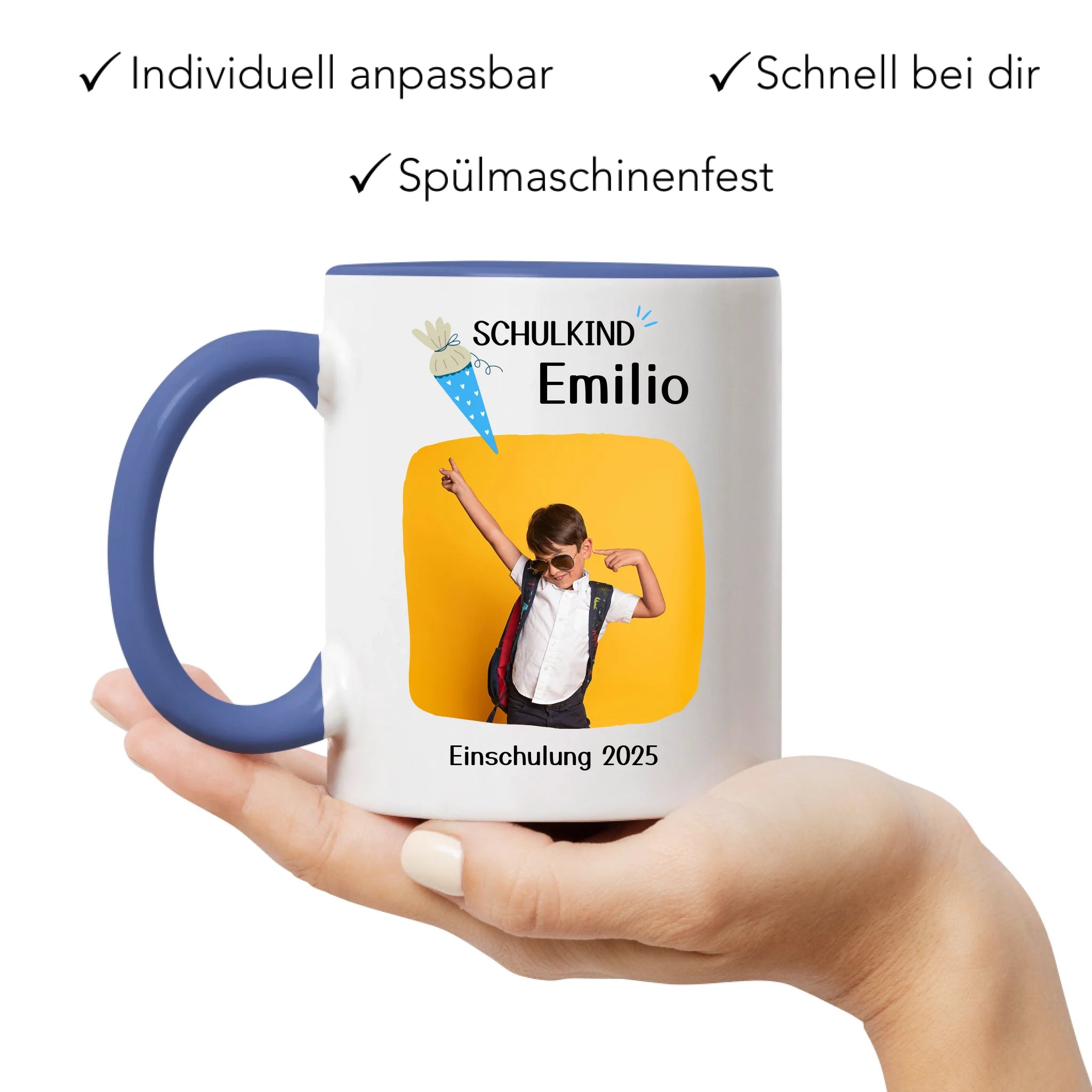 Foto Tasse Schulkind 2025 Junge Mädchen, Schulanfang Einschulung Fototasse Personalisiert mit Name Bild, Einschulungsgeschenk ersten Schultag für Erstklässler