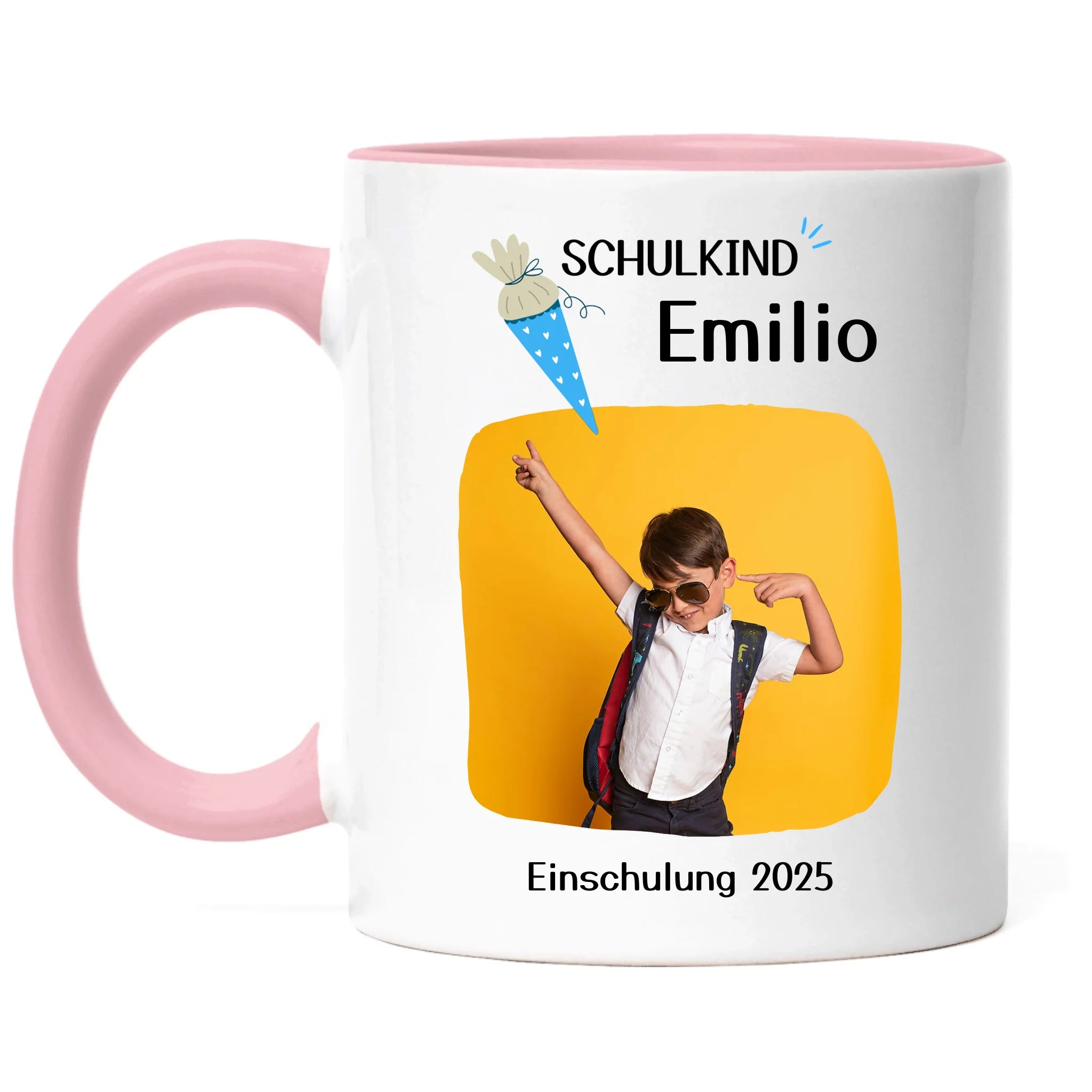Foto Tasse Schulkind 2025 Junge Mädchen, Schulanfang Einschulung Fototasse Personalisiert mit Name Bild, Einschulungsgeschenk ersten Schultag für Erstklässler