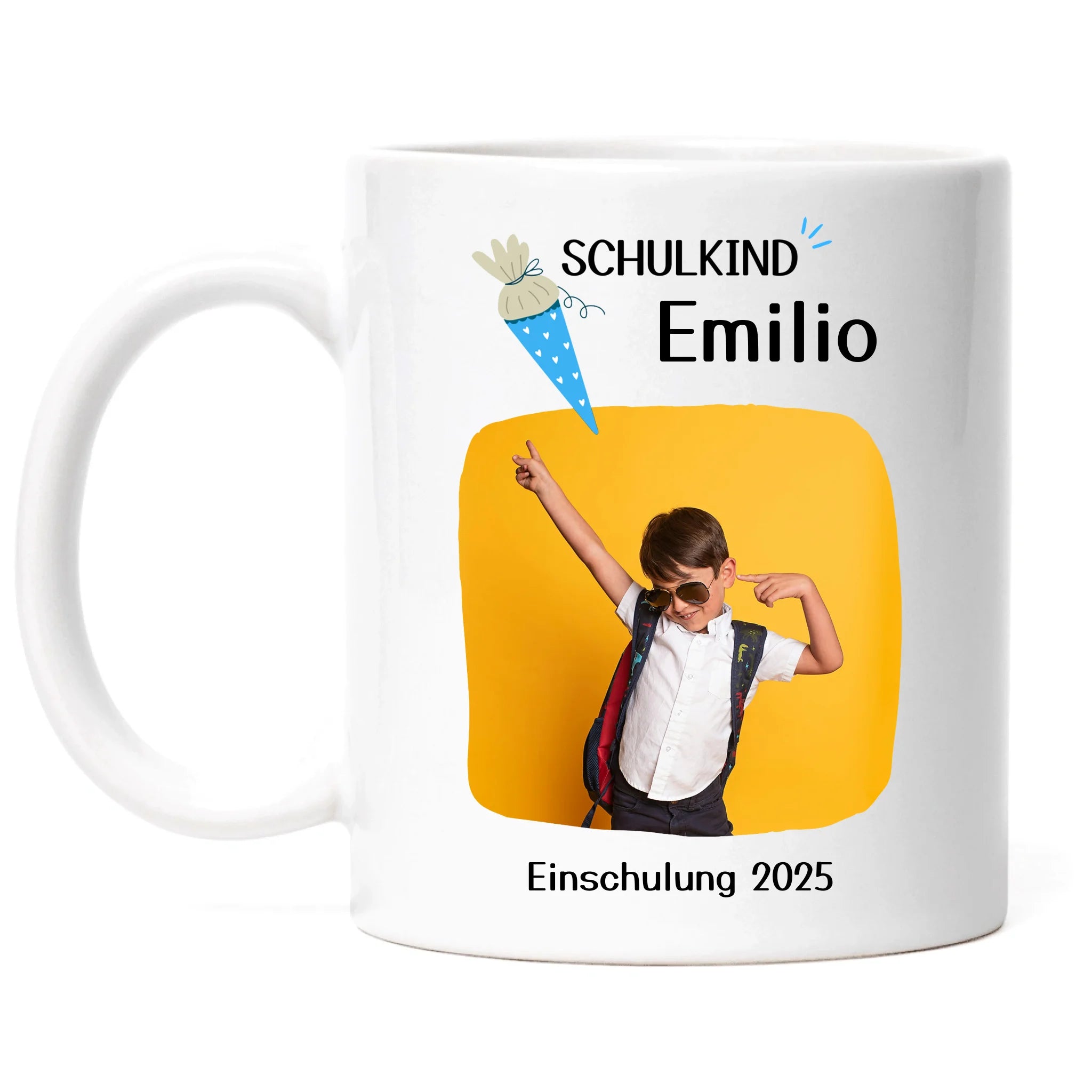 Foto Tasse Schulkind 2025 Junge Mädchen, Schulanfang Einschulung Fototasse Personalisiert mit Name Bild, Einschulungsgeschenk ersten Schultag für Erstklässler