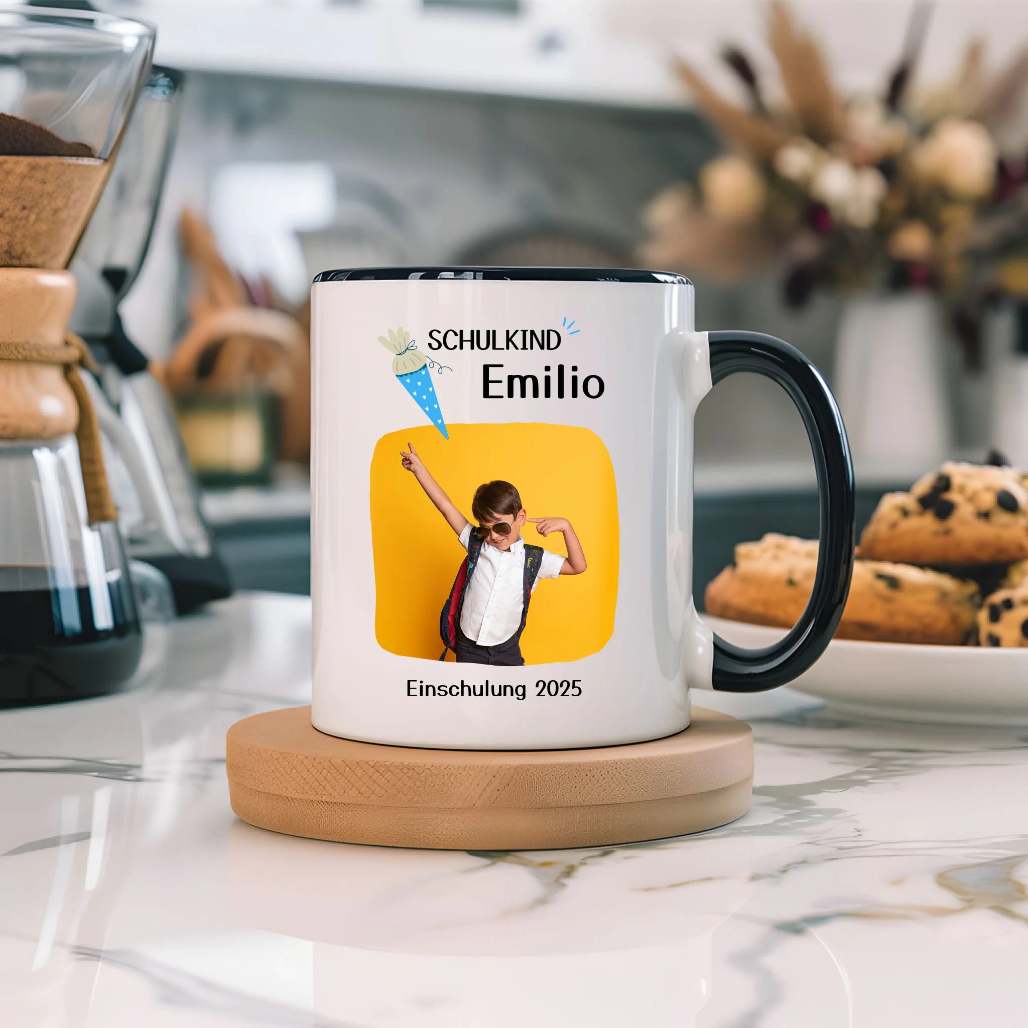 Foto Tasse Schulkind 2025 Junge Mädchen, Schulanfang Einschulung Fototasse Personalisiert mit Name Bild, Einschulungsgeschenk ersten Schultag für Erstklässler