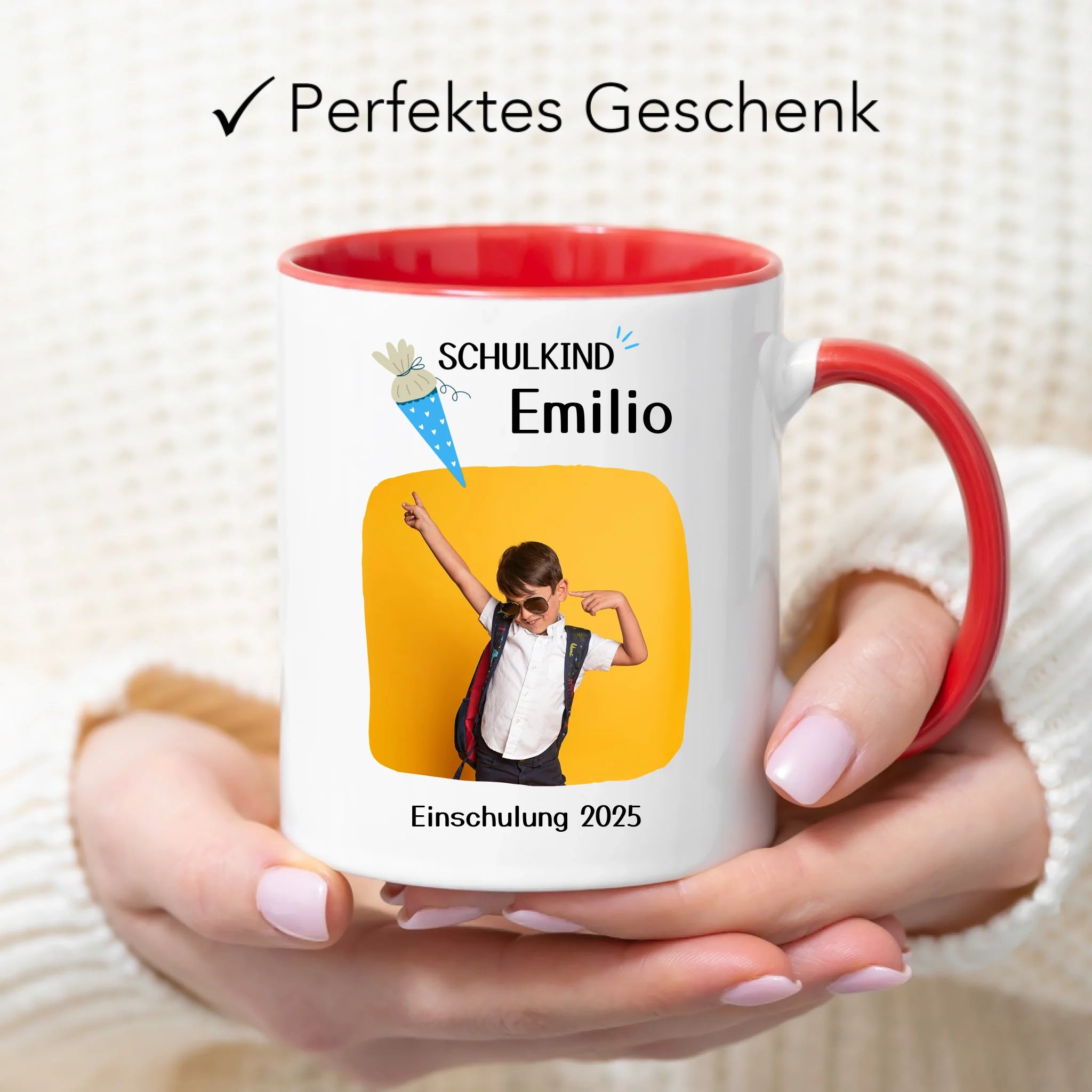 Foto Tasse Schulkind 2025 Junge Mädchen, Schulanfang Einschulung Fototasse Personalisiert mit Name Bild, Einschulungsgeschenk ersten Schultag für Erstklässler