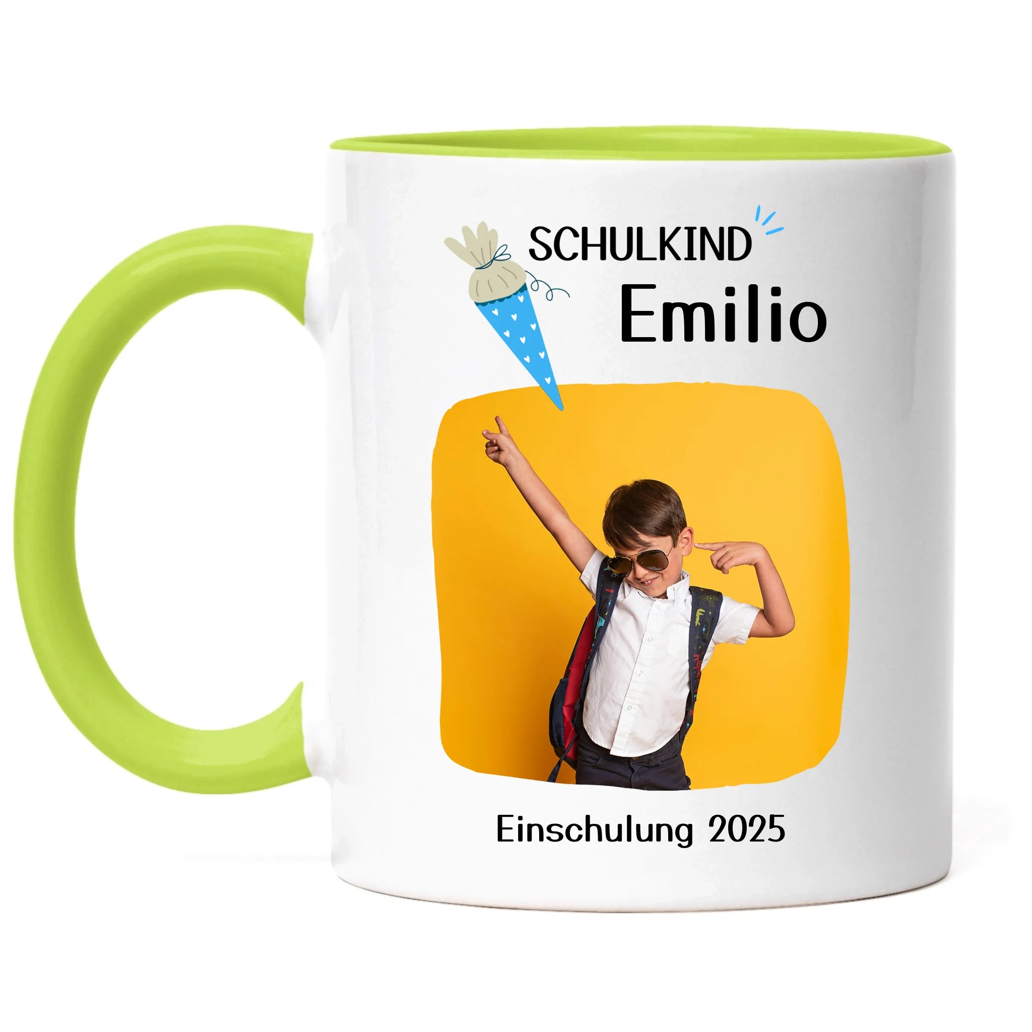 Foto Tasse Schulkind 2025 Junge Mädchen, Schulanfang Einschulung Fototasse Personalisiert mit Name Bild, Einschulungsgeschenk ersten Schultag für Erstklässler