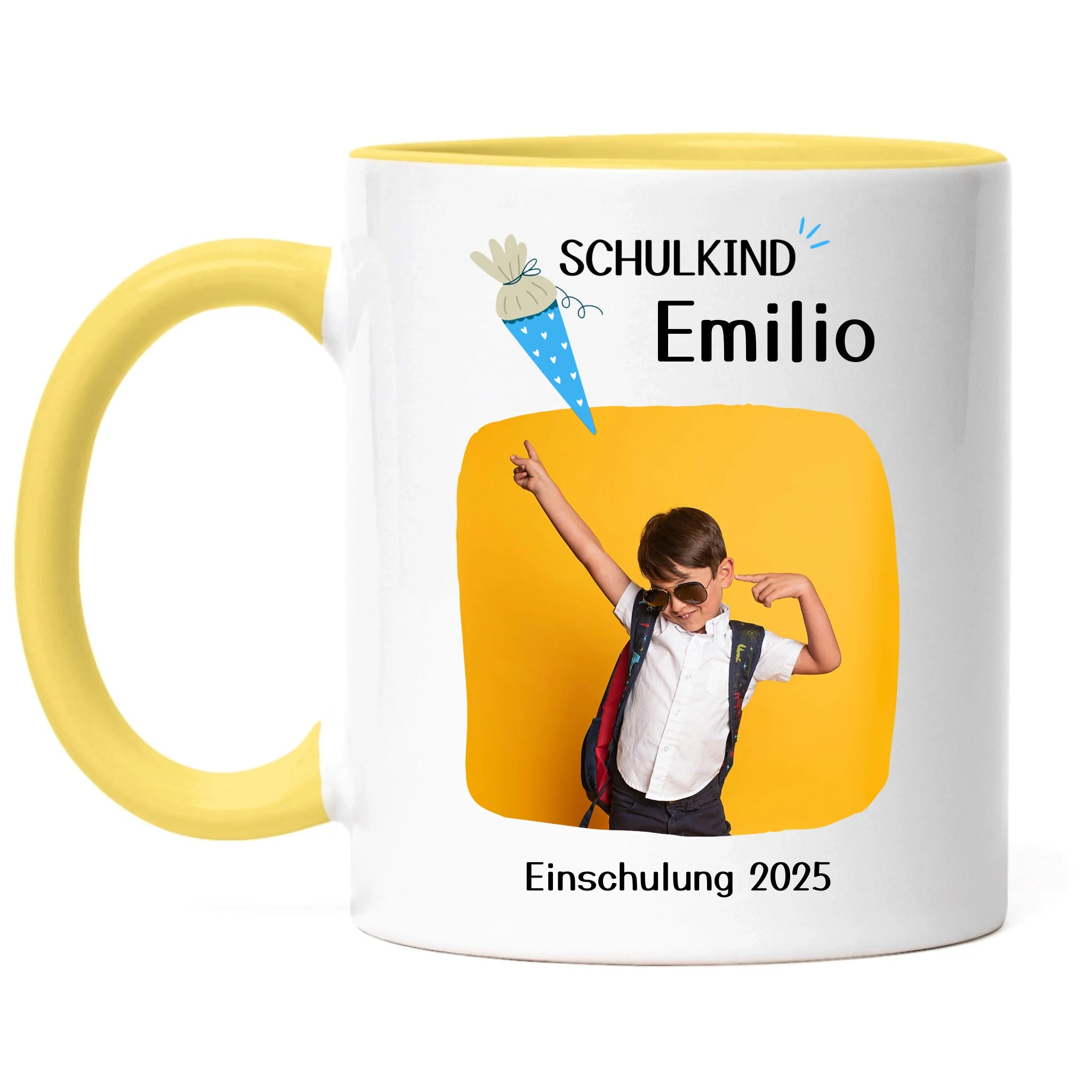 Foto Tasse Schulkind 2025 Junge Mädchen, Schulanfang Einschulung Fototasse Personalisiert mit Name Bild, Einschulungsgeschenk ersten Schultag für Erstklässler