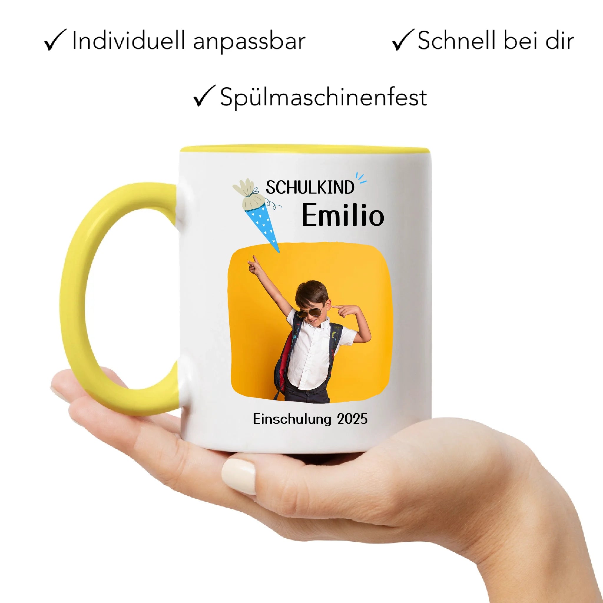 Foto Tasse Schulkind 2025 Junge Mädchen, Schulanfang Einschulung Fototasse Personalisiert mit Name Bild, Einschulungsgeschenk ersten Schultag für Erstklässler