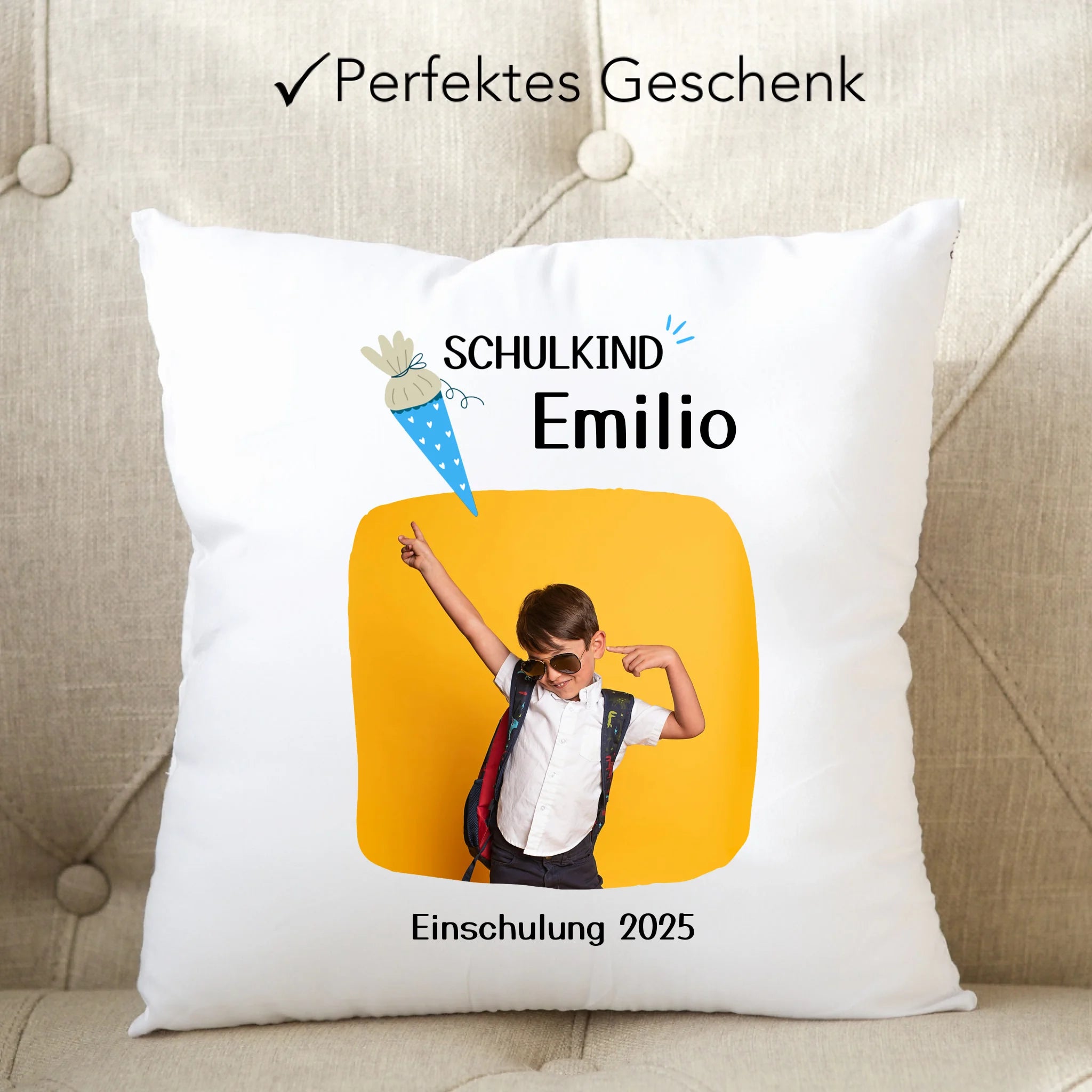 Kissen Schulkind 2025 Junge Mädchen, Einschulung Schulanfang Geschenk personalisiert mit Name und Foto, Einschulungsgeschenk zum ersten Schultag für Erstklässler - Kissen inkl. Füllung