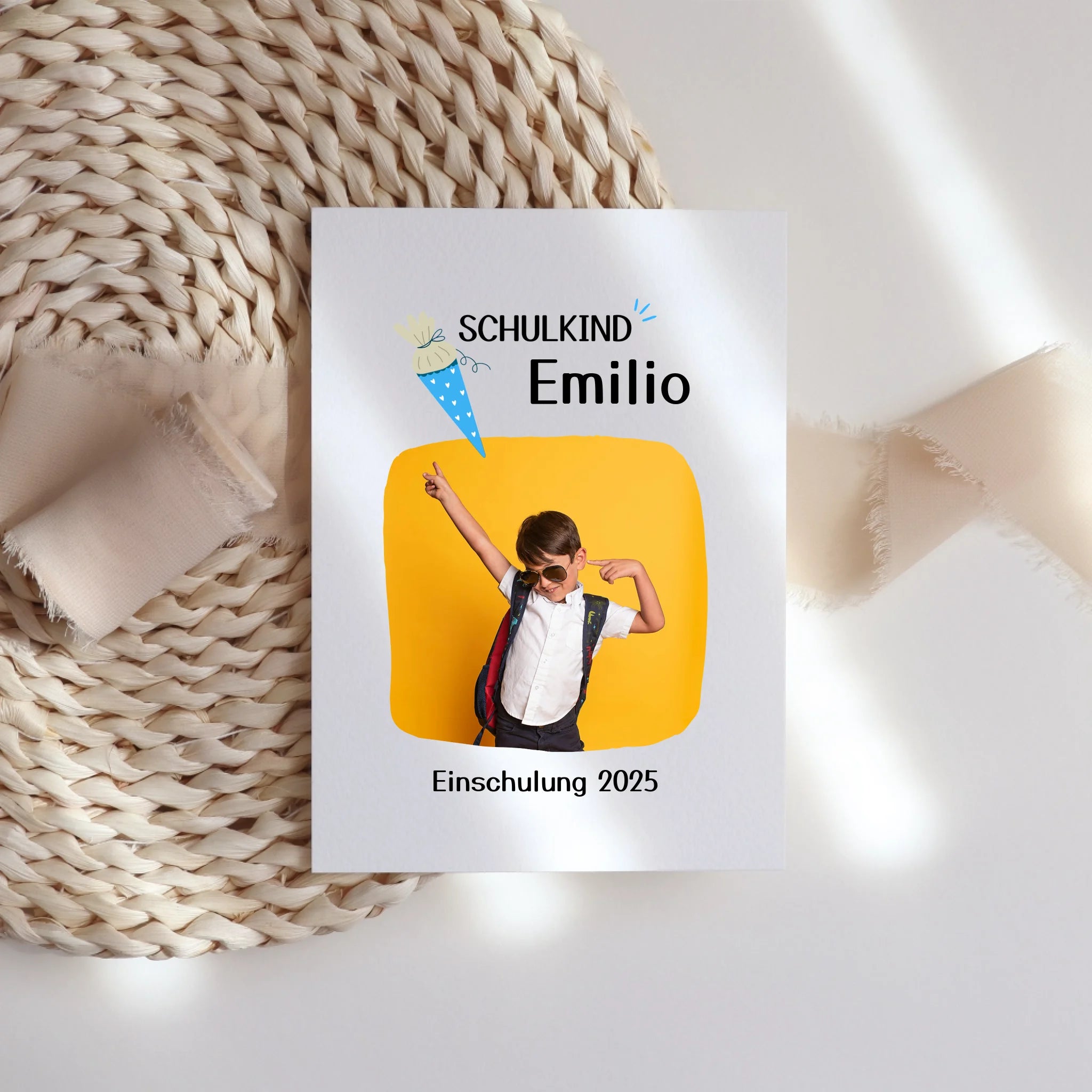 Karte Schulkind 2025 Junge Mädchen, Einschulung Schulanfang personalisierte Grußkarte mit Name und Foto, Einschulungskarte zum ersten Schultag für Erstklässler