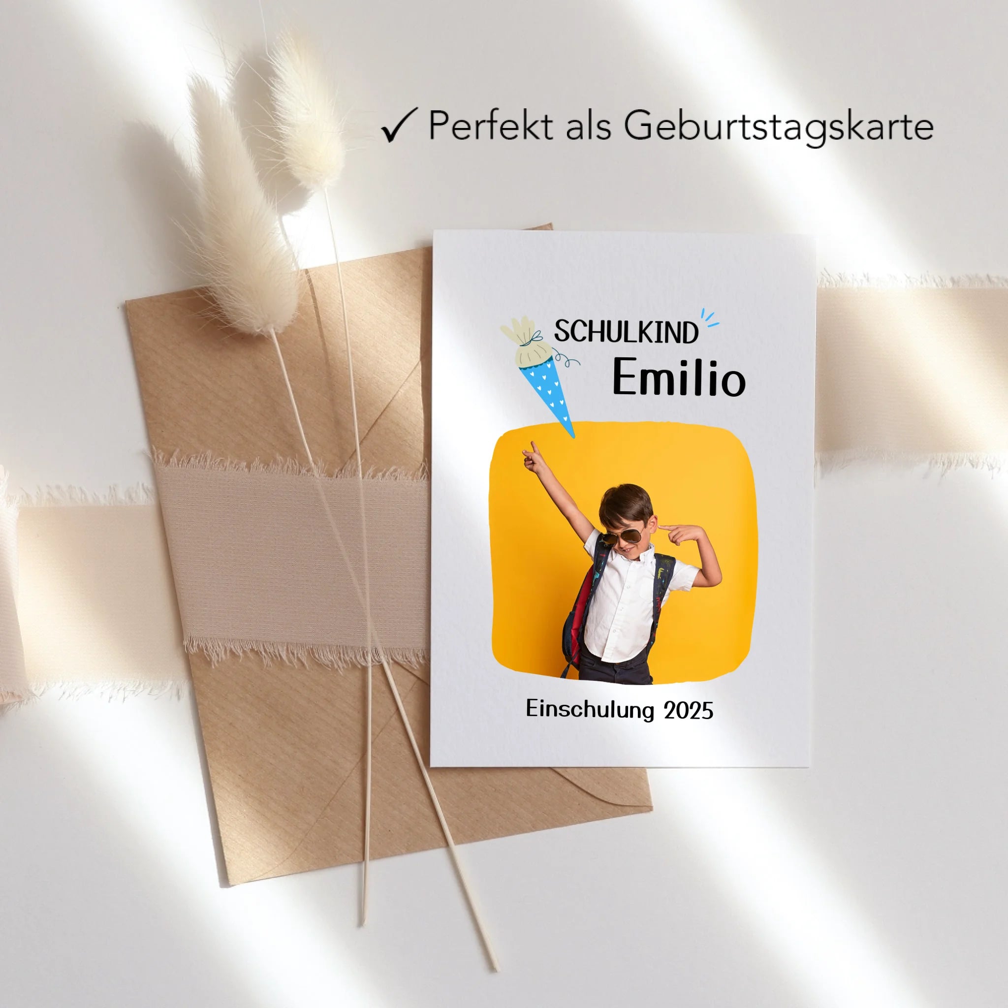 Karte Schulkind 2025 Junge Mädchen, Einschulung Schulanfang personalisierte Grußkarte mit Name und Foto, Einschulungskarte zum ersten Schultag für Erstklässler