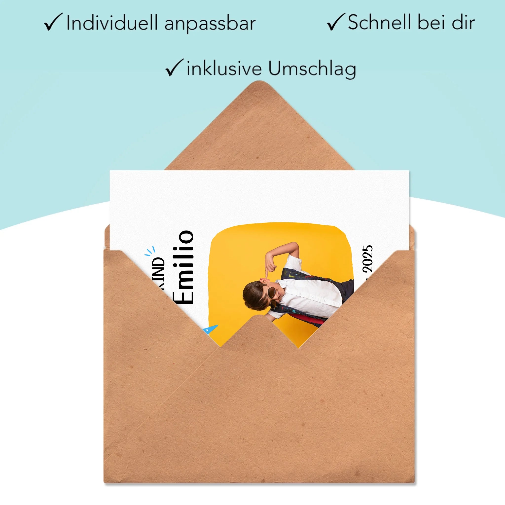 Karte Schulkind 2025 Junge Mädchen, Einschulung Schulanfang personalisierte Grußkarte mit Name und Foto, Einschulungskarte zum ersten Schultag für Erstklässler